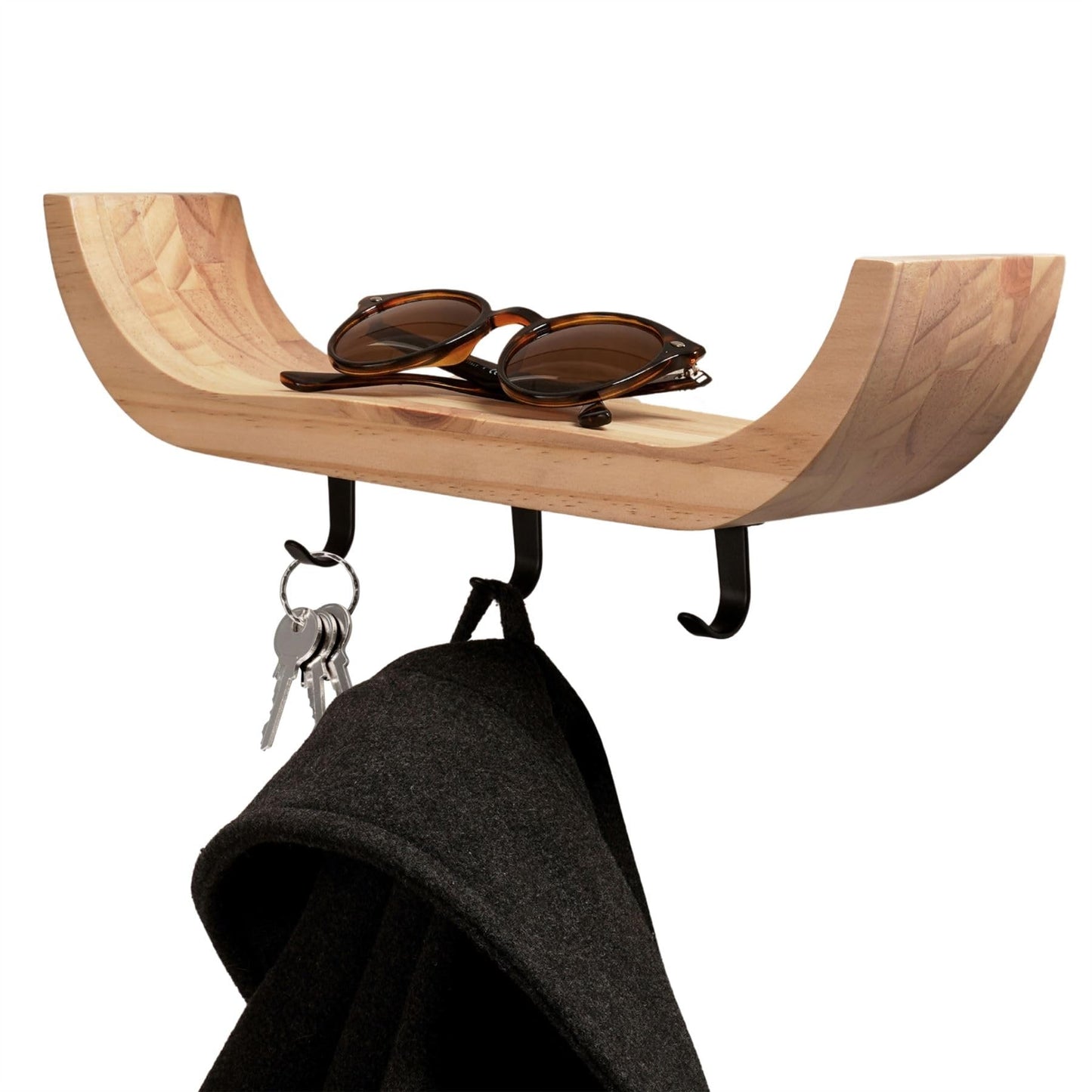 keypak Scandi Wooden Curved Key Holder, Shelf with 3 Hooks