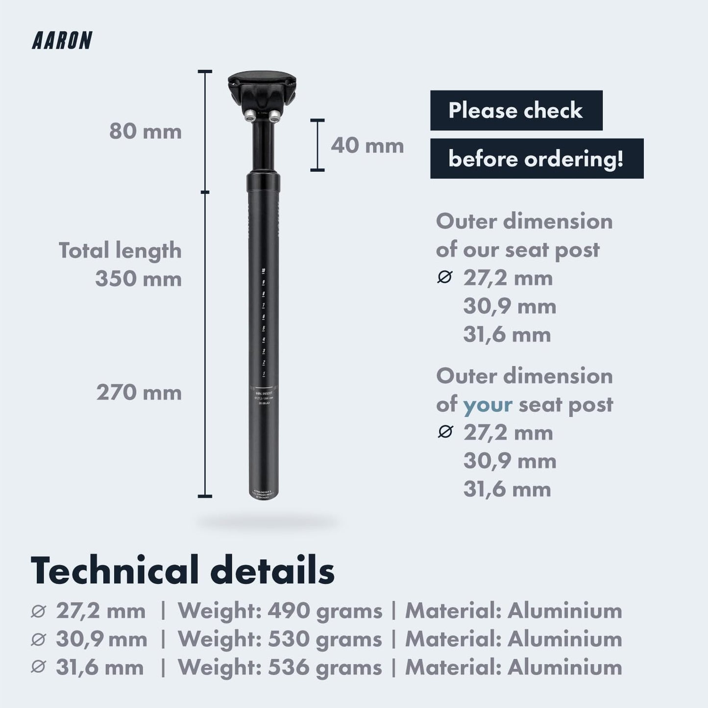 AARON - Spring Suspension Bike Seat Post - Aluminum Saddle Seatpost for E Bicycle, MTB, Trekking Bikes, City Bikes - 27.2mm Diameter, 13.8" (350mm)