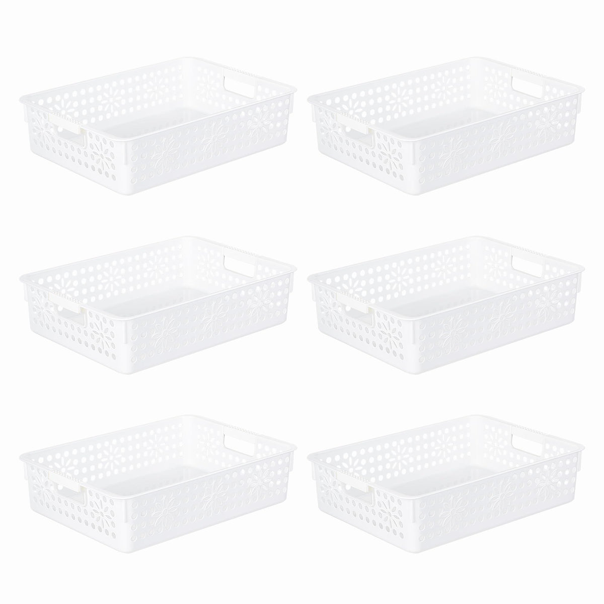 Cetomo Plastic Storage Box, Storage Baskets with Handle, Shelf Basket Organizer with Hole, Open Top Storage Bin for Home Kitchen Office, White