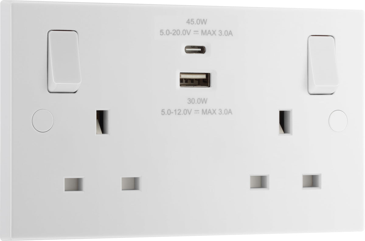 BG Electrical 45W Double Switched Power Wall Plug Socket with Super Fast Charge Type A & C USB Charging Ports, Square Edge, Nexus 900 Series, White