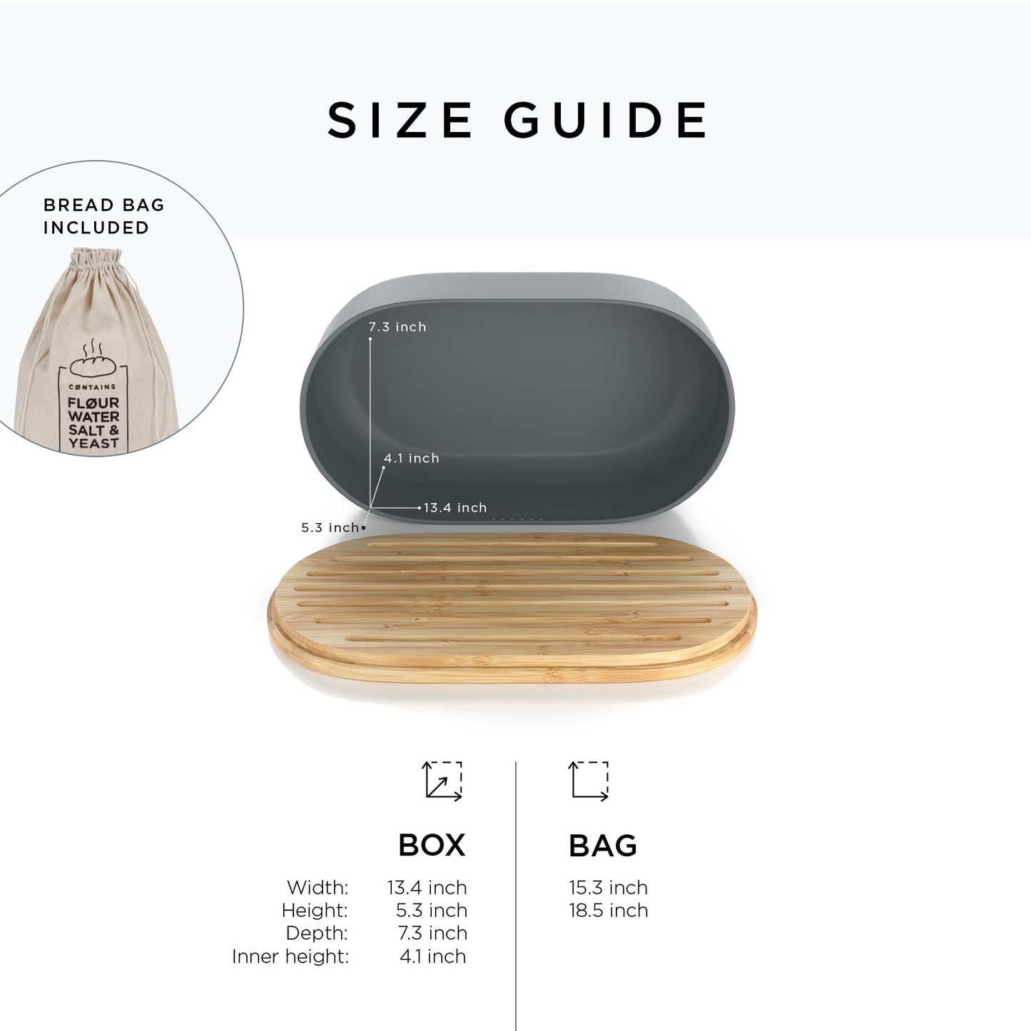 LARS NYSM Bread Box I Metal bread box with linen bag for long lasting freshness I Baked goods Bin with bamboo lid usable as cutting board I