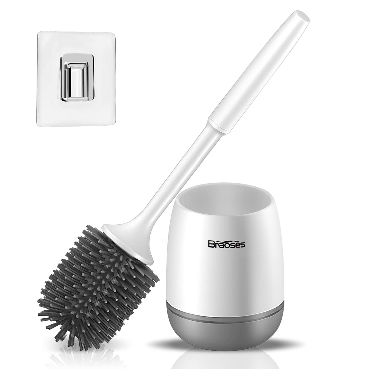 Braoses Toilet brush with holder, wall mounting and standing silicone toilet brush set, long handle toilet brush and quick drying holder set for