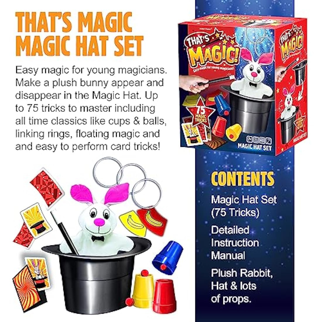 That's Magic Magic Hat Set - Featuring 75 Fun Easy Tricks and For Young Magicians - Helps Build Child's Motor Skills and Confidence - Includes Plush Rabbit, Props, Videos and Instructions, 7+ Years