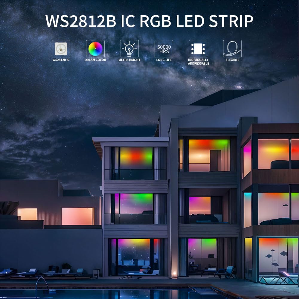 LOAMLIN WS2812B Individually Addressable RGB LED Strip 16.4FT 5050SMD Smart Flexible Dream Full Color 60Pixels/m White PCB Light IP30 Non Waterproof