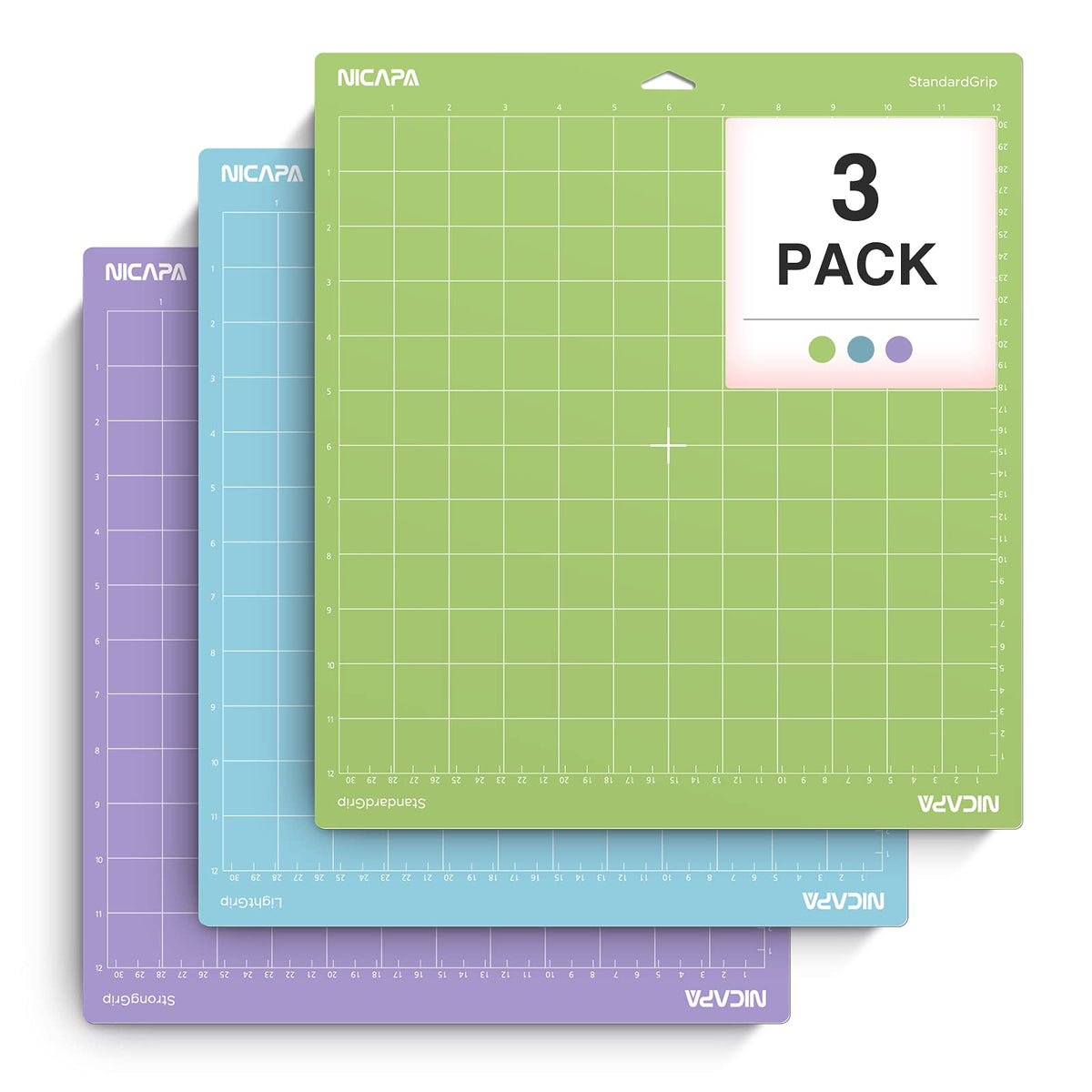 Nicapa Variety Grip Cutting Mats for Cricut Maker 3 Explore Air 3/Air 2/ Maker Accessories 3 Pack 12"x12" Adhesive Non-Slip Durable Plotter Mat