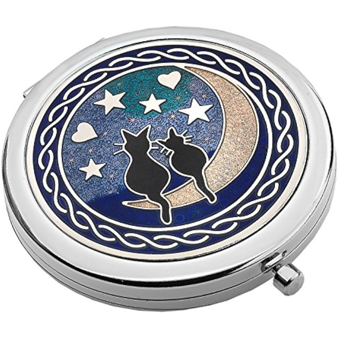 Really Nice Compact Mirror - Cats on Moon Design - Enamelled Pewterware