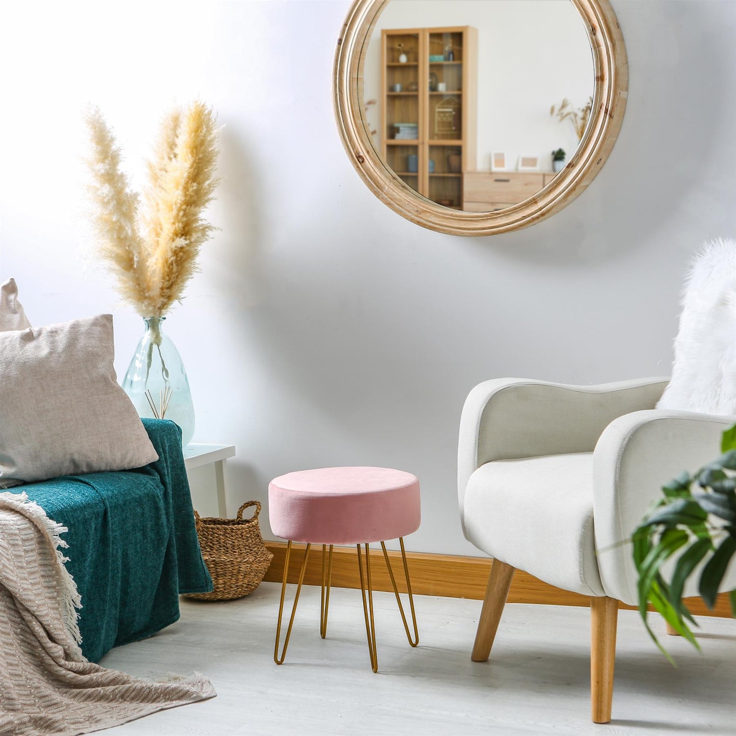 Pink Round Velvet Footstool