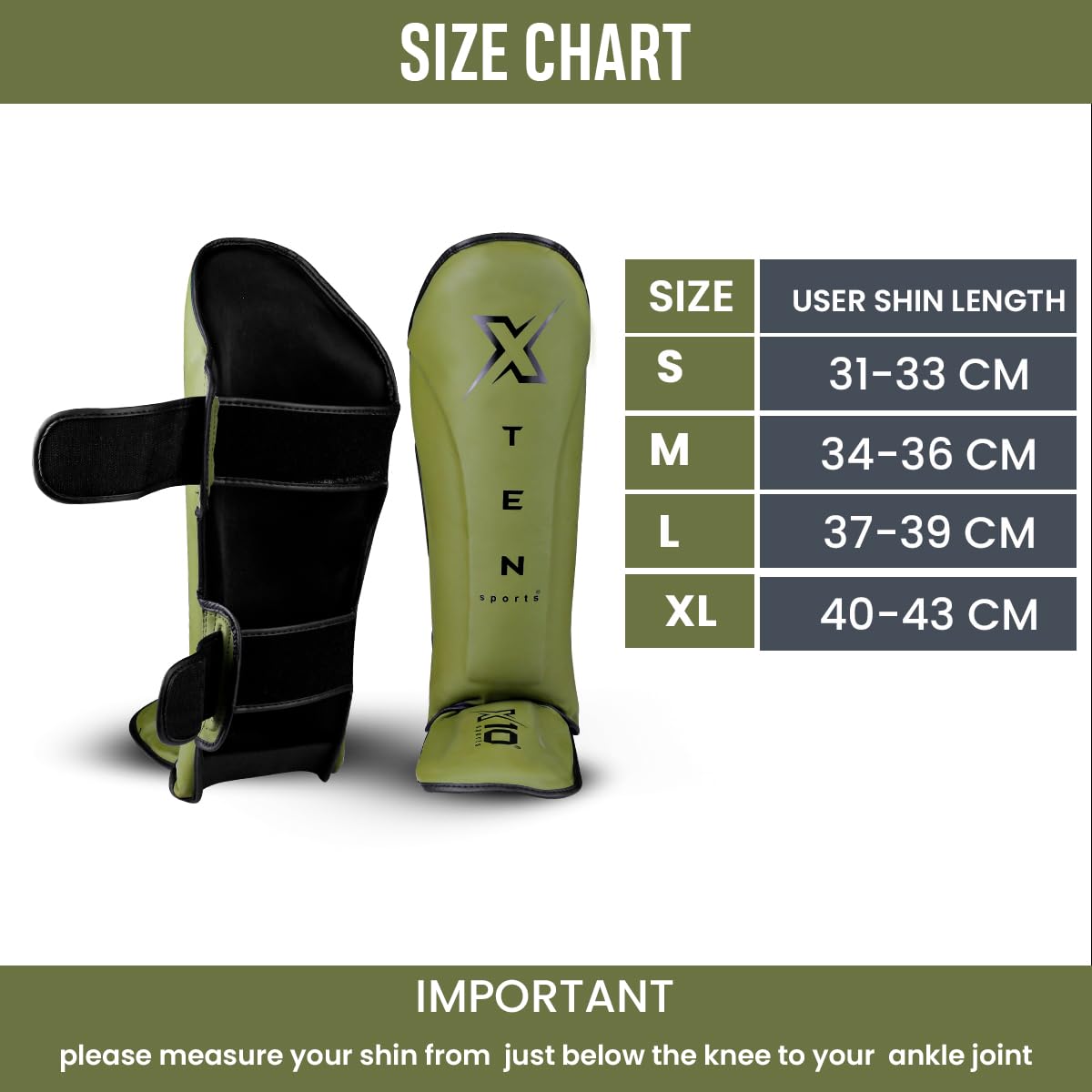 XTEN SPORTS Shin Guards Muay Thai, MMA, Gel Integrated Padding, Training Sparring, Boxing, Kickboxing, BJJ, Taekwondo Protective Gear, Olive Green