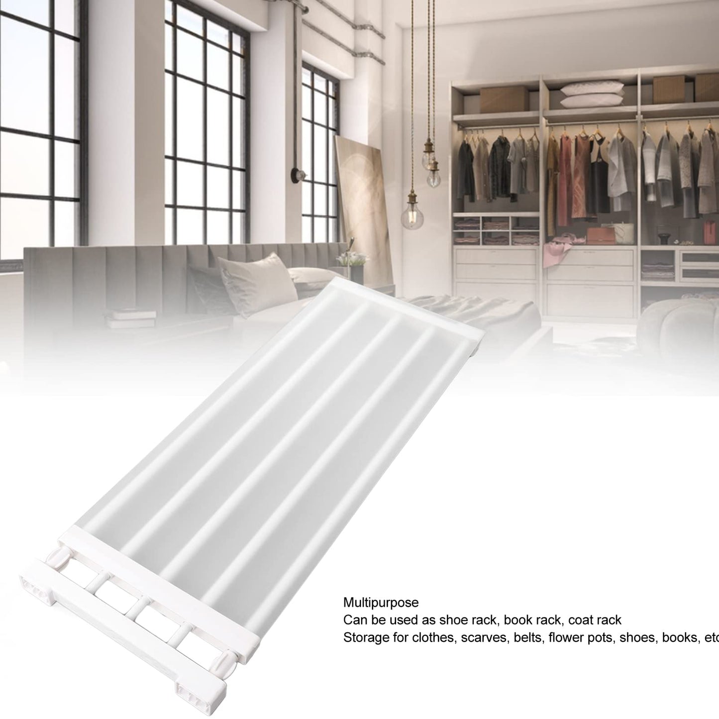 Riuulity Adjustable Tension Shelf Shoe Rack with Book Coat Storage for Wardrobe Cupboard, Organize Belts, Scarves, Flower Pots