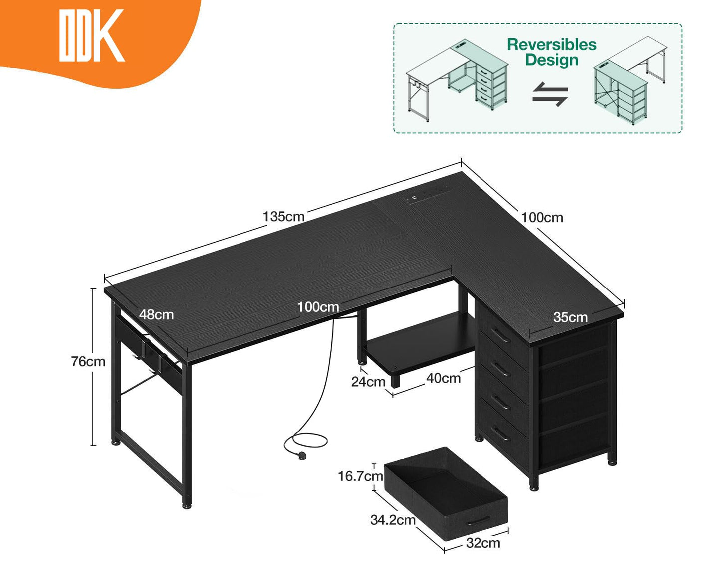 ODK Corner Desk with Drawers, L Shaped Computer Desk, 135 x 100 cm, Black