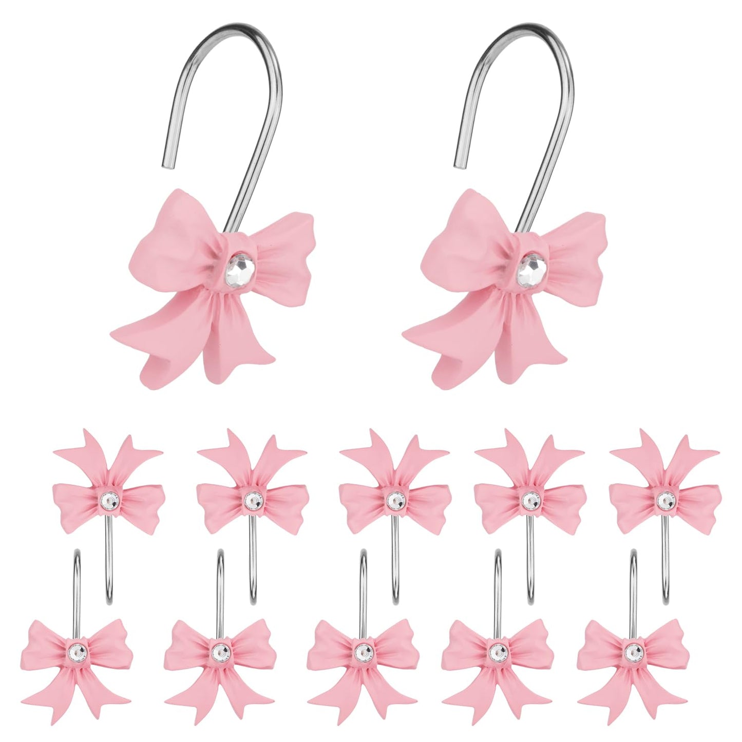XIHIRCD 12pcs Pink Bow Knot Shower Curtain Hooks, Decorative Bathroom Curtain Rings Resin Shower Rings Pink Shower Hooks Hangers for Bathroom Baby