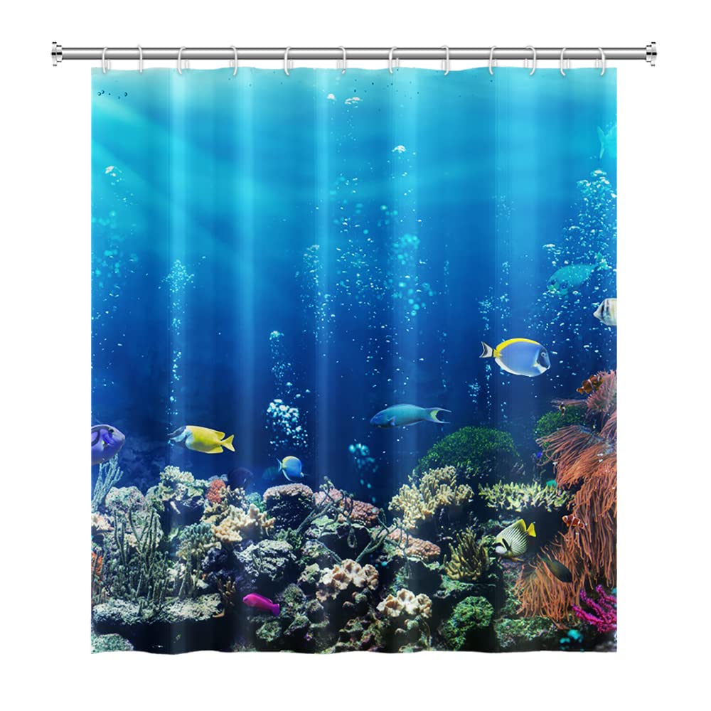 SDOTPMT 140x183cm Ocean Tropical Fish Shower Curtain Underwater Sea Animal Coral Reef Bath Curtain Summer Blue Ocean Bathtub Curtain for Kids
