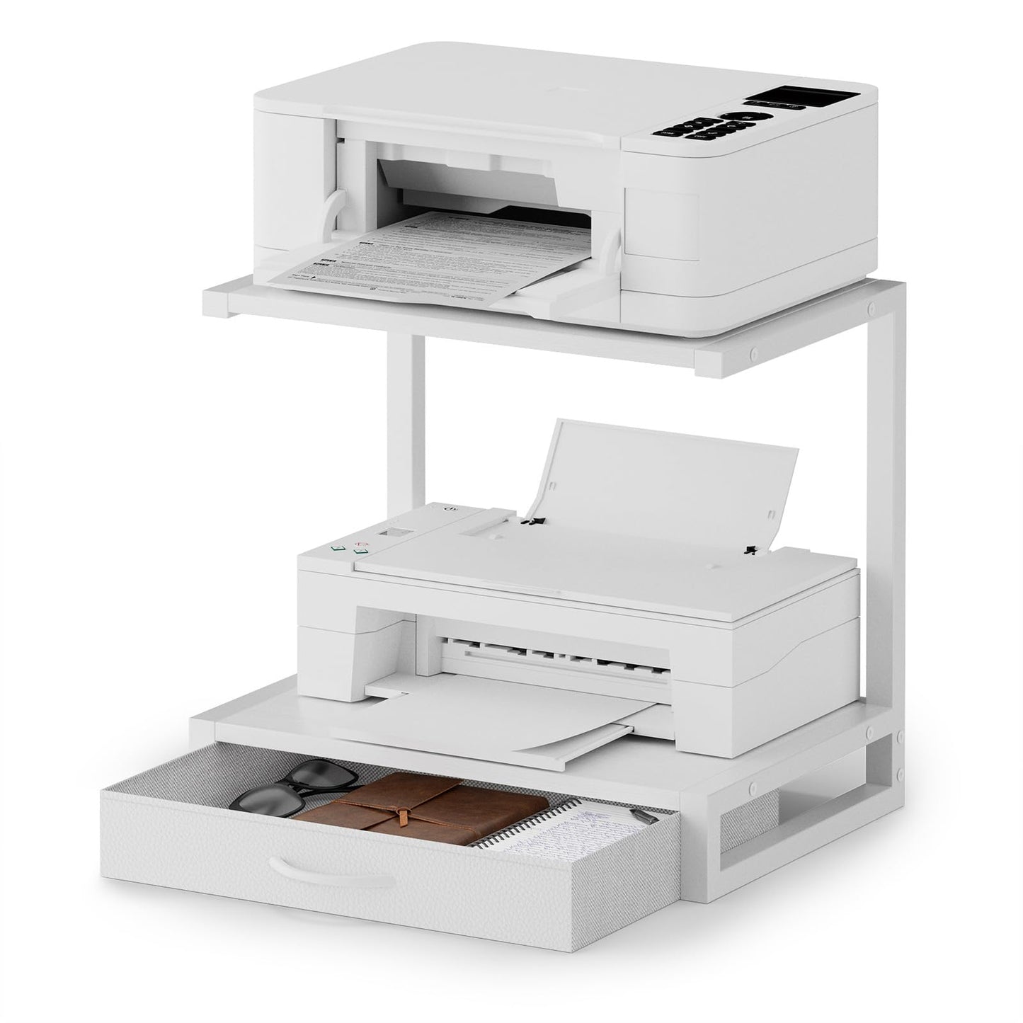 OYRREU 2-Tier Desktop Printer Stand with Fabric Drawer for Storage, White