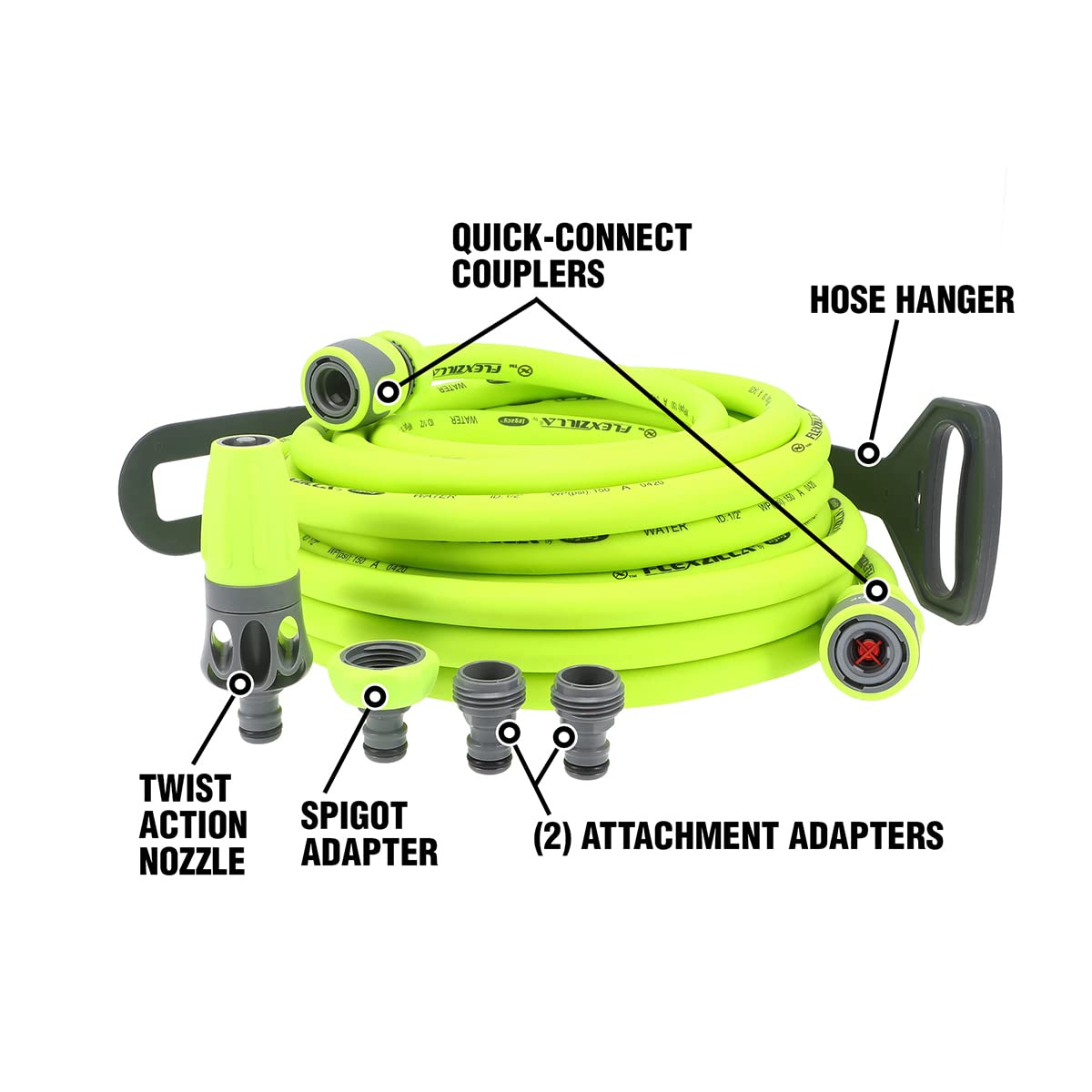 Flexzilla Garden Hose Kit with Quick Connect Attachements, 1/2 in. x 50 ft., Heavy Duty, Lightweight, Drinking Water Safe - HFZG12050QN