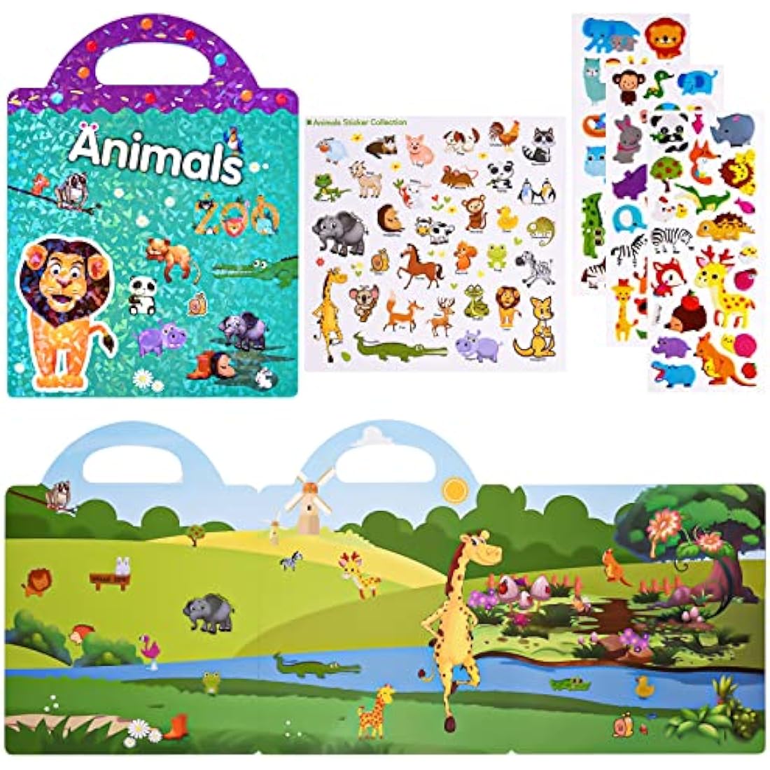 ASTARON 3D Sticker Scenes Book for Kids,88 Pcs Reusable Animals Jelly Stickers for Toddlers, Puffy Sticker Game Educational Sensory Learning Toy, Party Supplies Birthday Gift,4 Fold-Out Choices