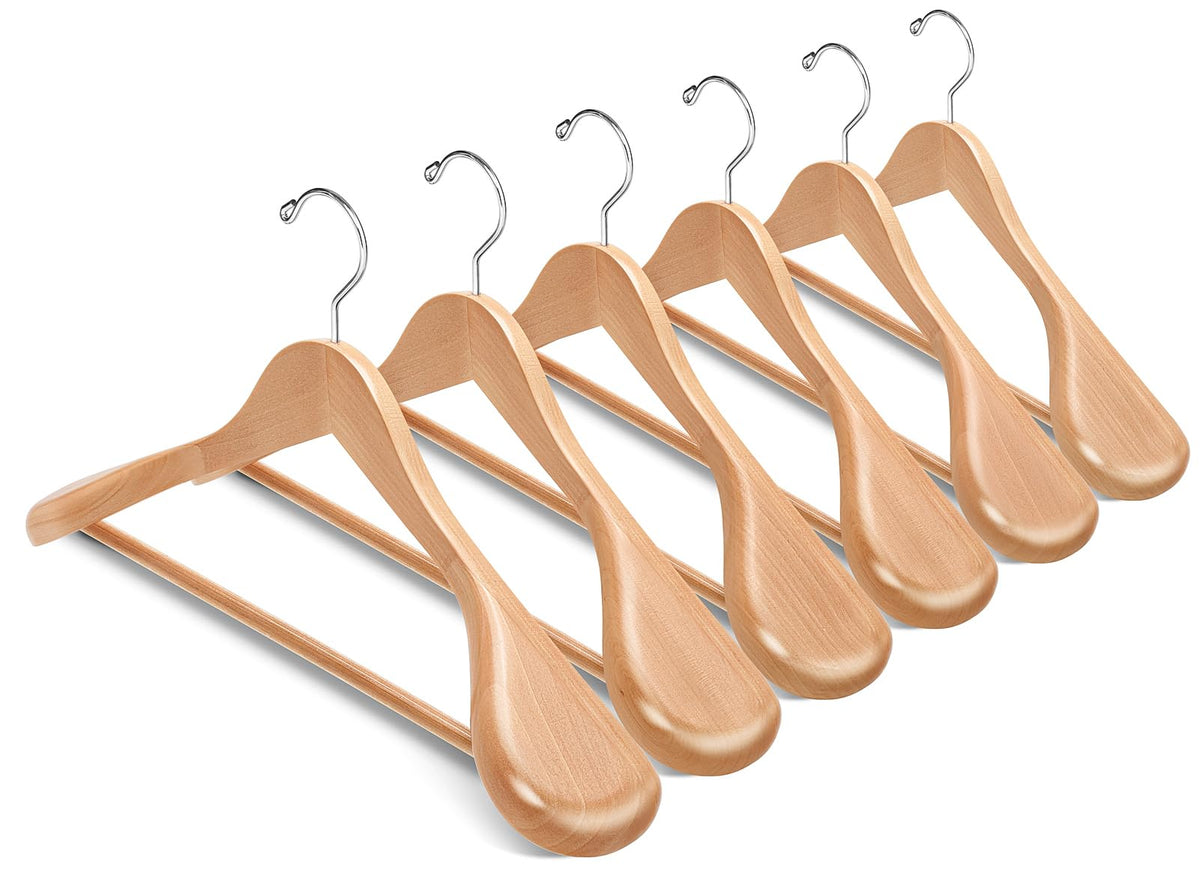 Amber Home 44.5cm Natural Wooden Suit Hangers 10pcs with Wide Shoulder, Heavy Duty Smooth Wood Coat Hanger with Non Slip Pants Bar, Solid Clothes