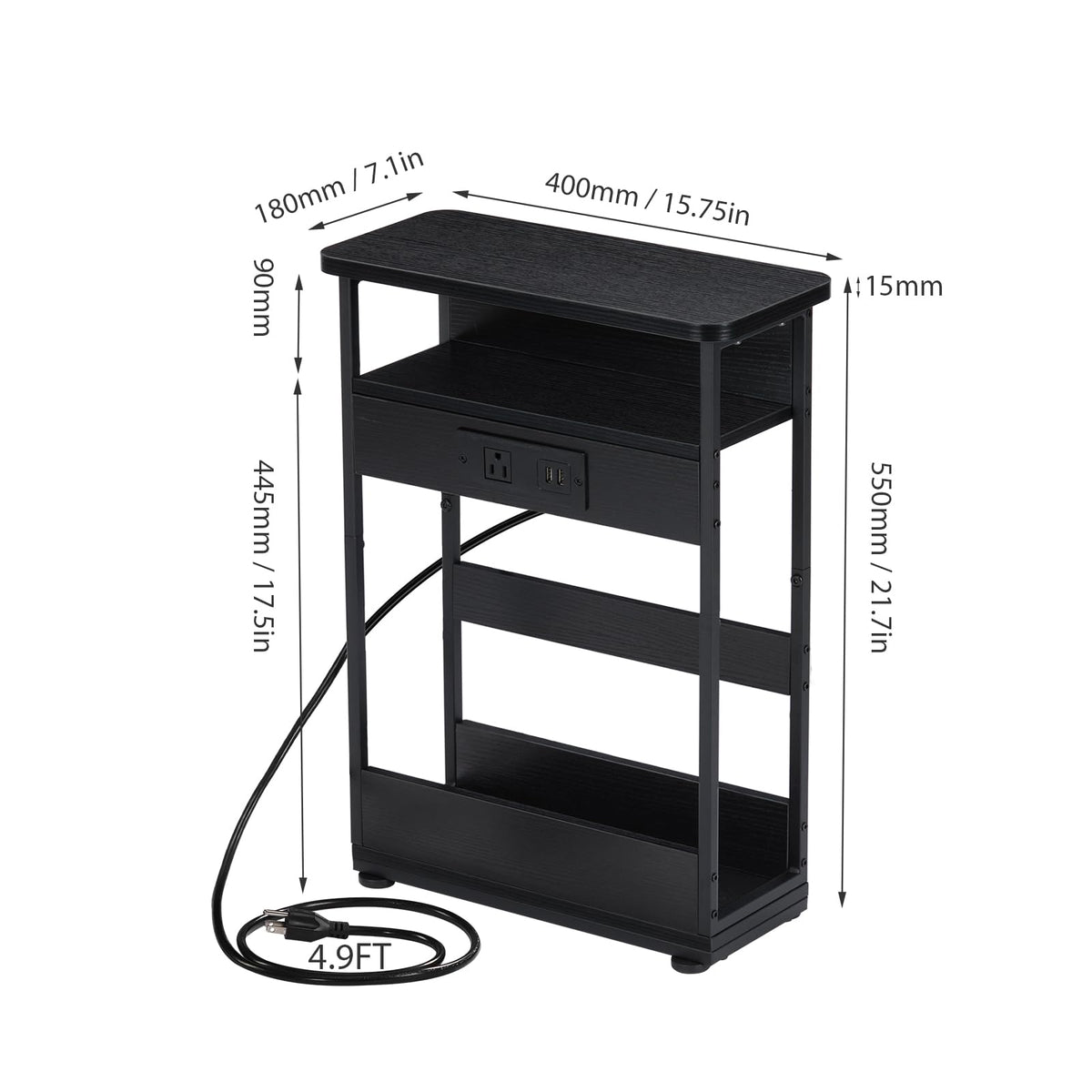 YEAKOO Narrow Side Table with Charging Station, 3-Tier End Table with 2 USB Ports & Power Outlets,Thin Sofa Side Table for Narrow and Small Spaces,