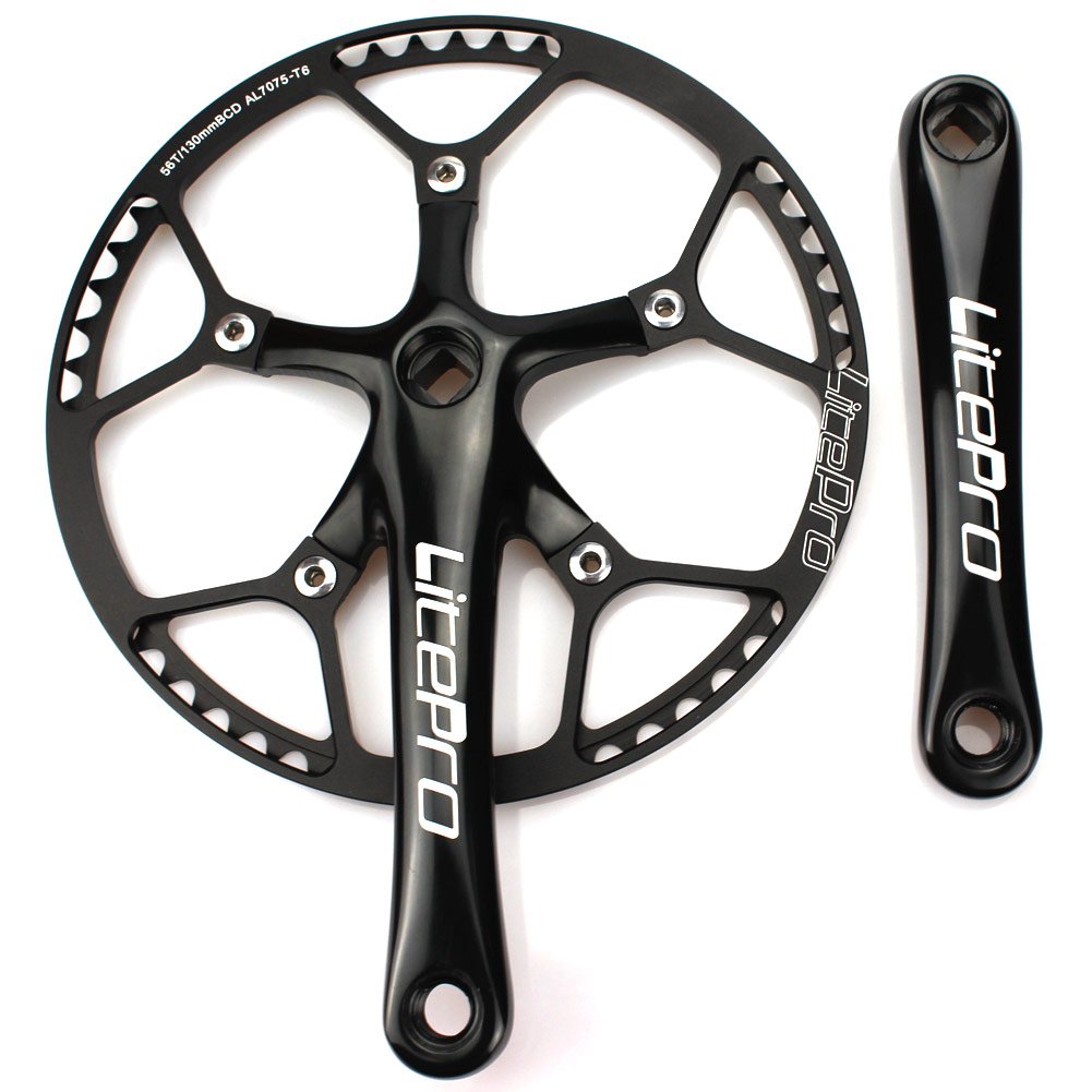 CYSKY Single Speed Crankset Set 56T 170mm Crankarms 130 BCD Litepro Folding Bike Crankset with Protective Cover for Single Speed Bike, Track Road