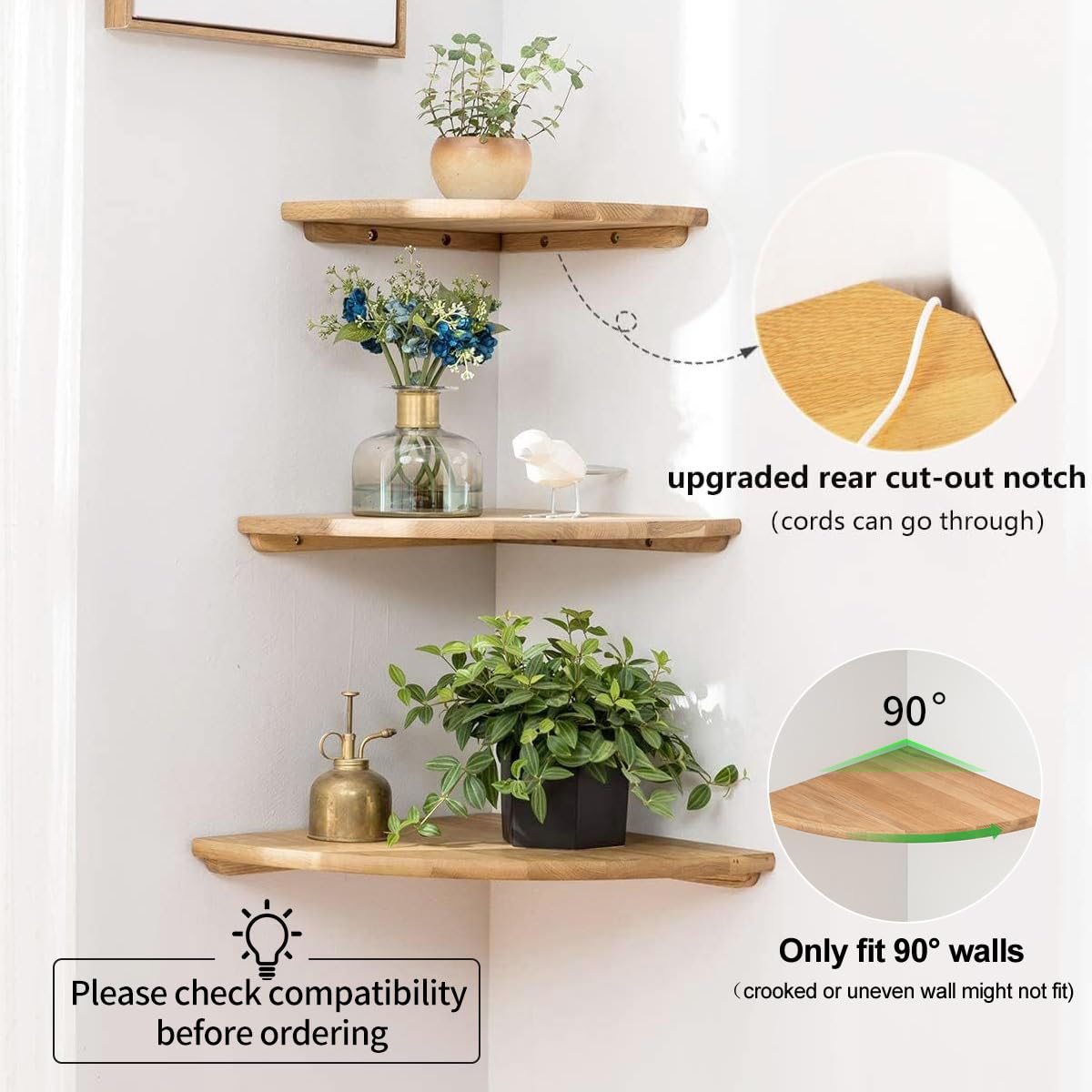 GIEANOO Natural Oak Corner Shelves Wall Mount, Set of 3 Oak Wood Floating Corner Wall Shelves Floating Speaker Small Corner Plant Stand for