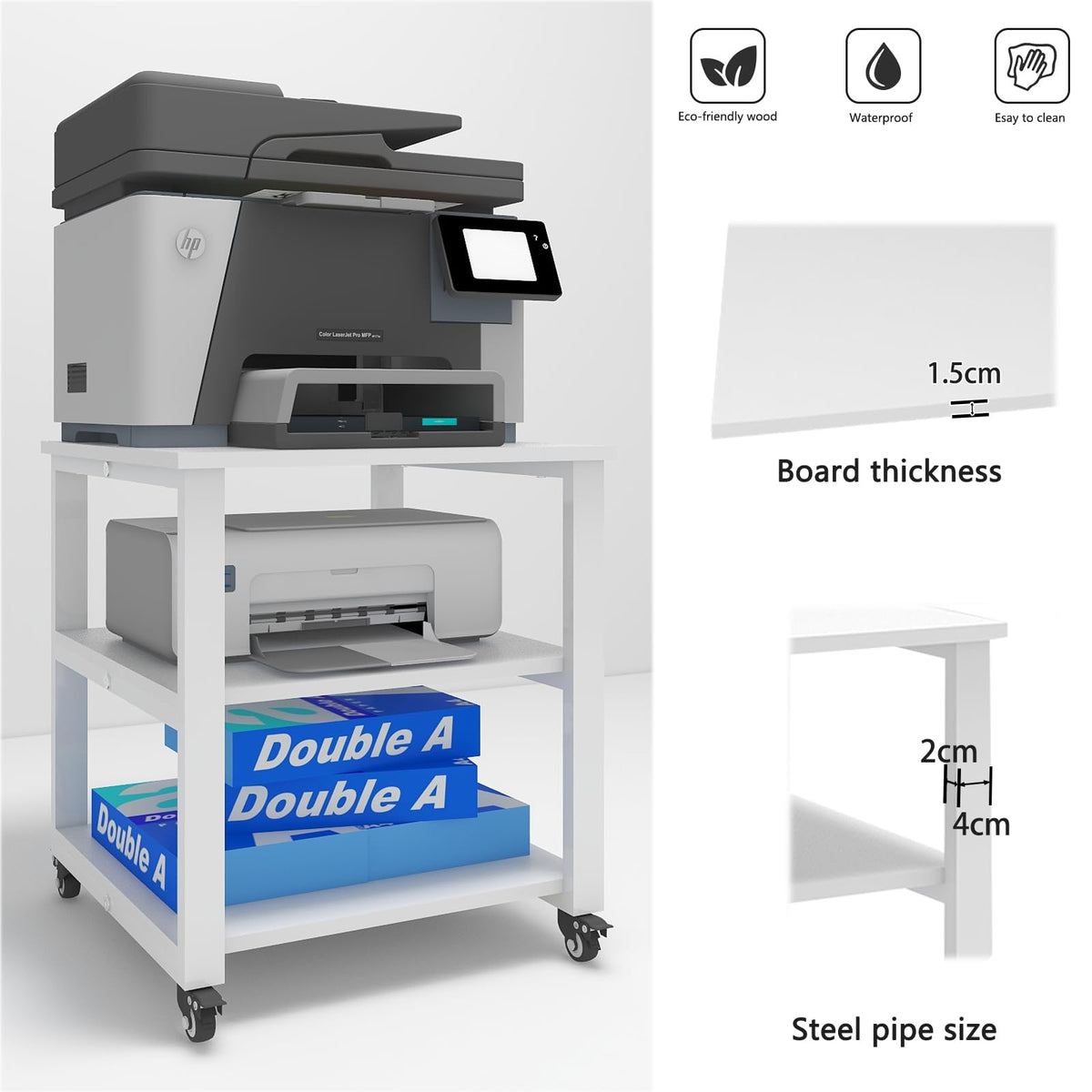 PUNCIA 3-Tier Laser Printer Stand with Storage 50x50x57.5cm Large Printer Table on Wheels Under Desk Storage Trolley Heavy Duty Rolling Cart Movable