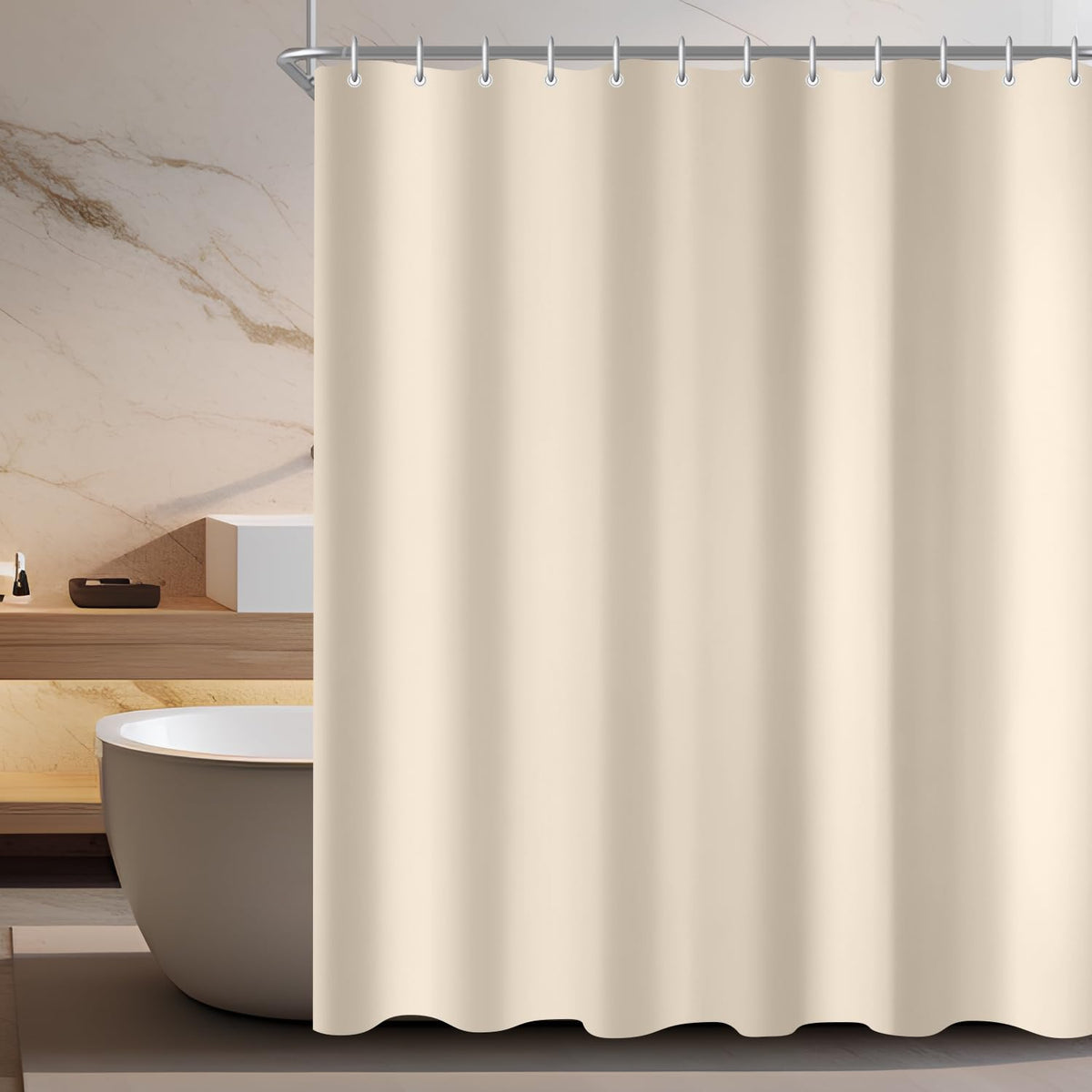 Lerores Shower Curtain 210 x 180 cm(82x70 inch) Beige, Weighted Hem Anti-Mold Textile, Water-Repellent, Washable Polyester Fabric Bath Curtain for