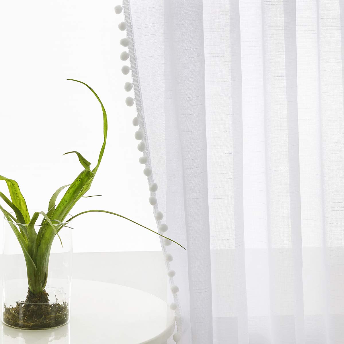 Snow White Sheer Curtains 52 x 90 Inch Bedroom Decorative Pompom Trimmed Voile Window Curtain for Living Room Light Weight Linen Look Solid Pencil