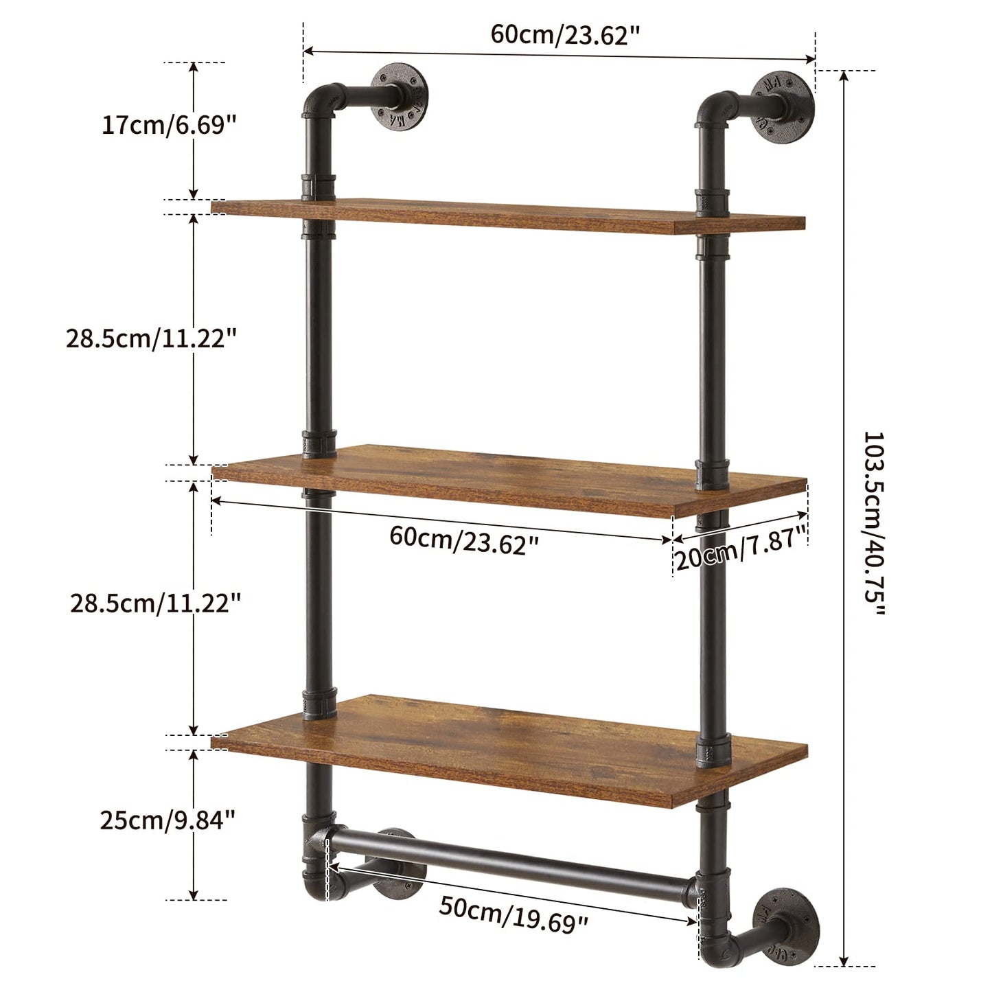 IBUYKE Pipe Floating Shelves, Wall Shelf Outdoor, 60x20x103cm, Decorative Shelving Unit for Wall, Plant Stand, Storage Organiser Shelf for Bedroom,