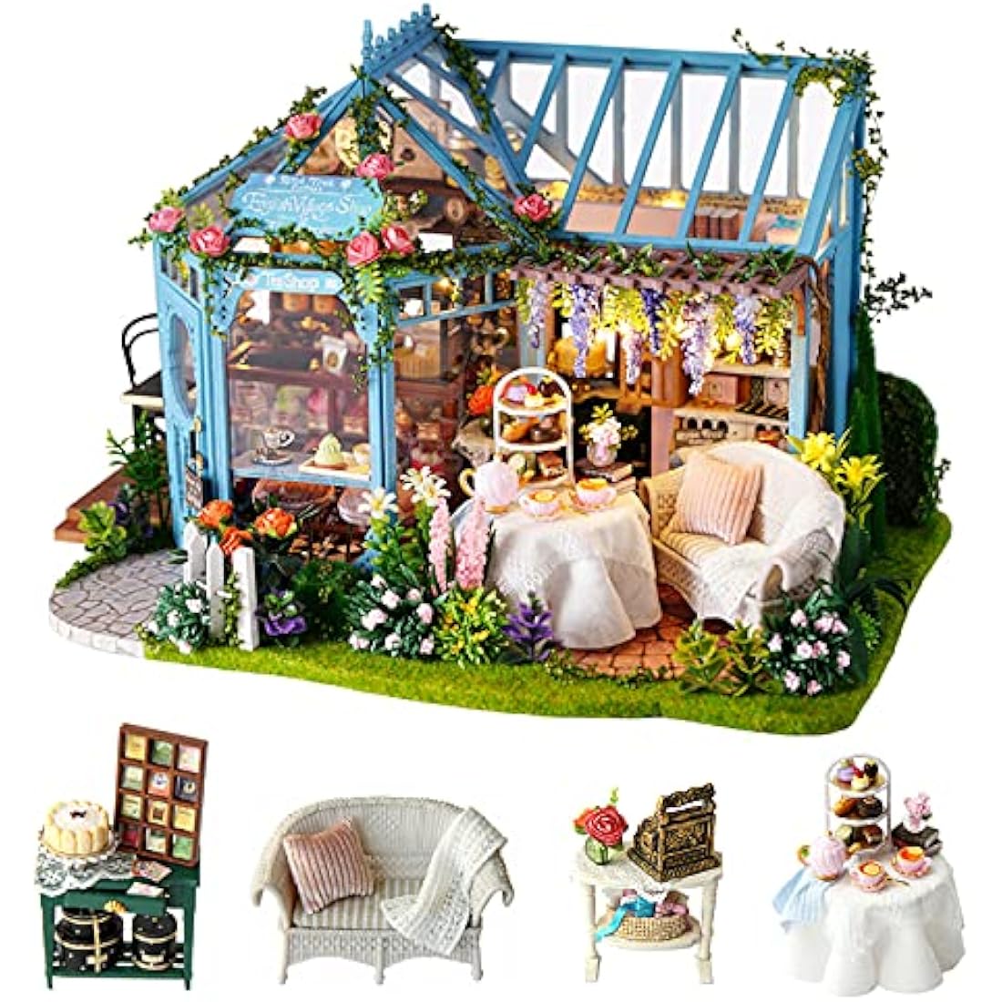 CUTEROOM DIY Wooden Dolls House Handcraft Miniature Kit Model & Furniture-Rose Garden Tea House