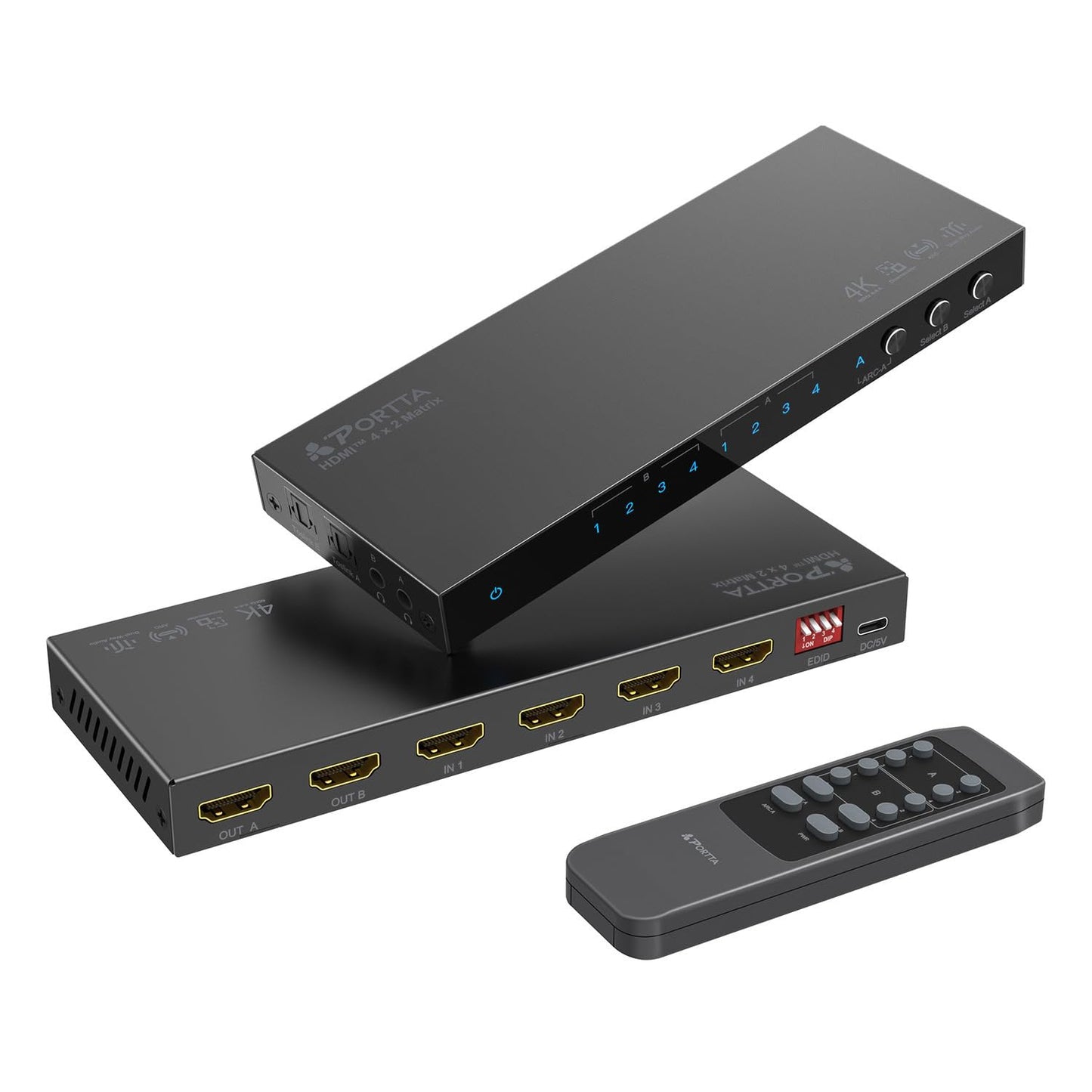 PORTTA HDMI Matrix 4 in 2 out 4K 60Hz 4:4:4, 4x2 Switch Splitter with optical 3.5mm Audio Extractor, 16 EDID Modes, IR Remote Support HDMI 2.0b, HDCP