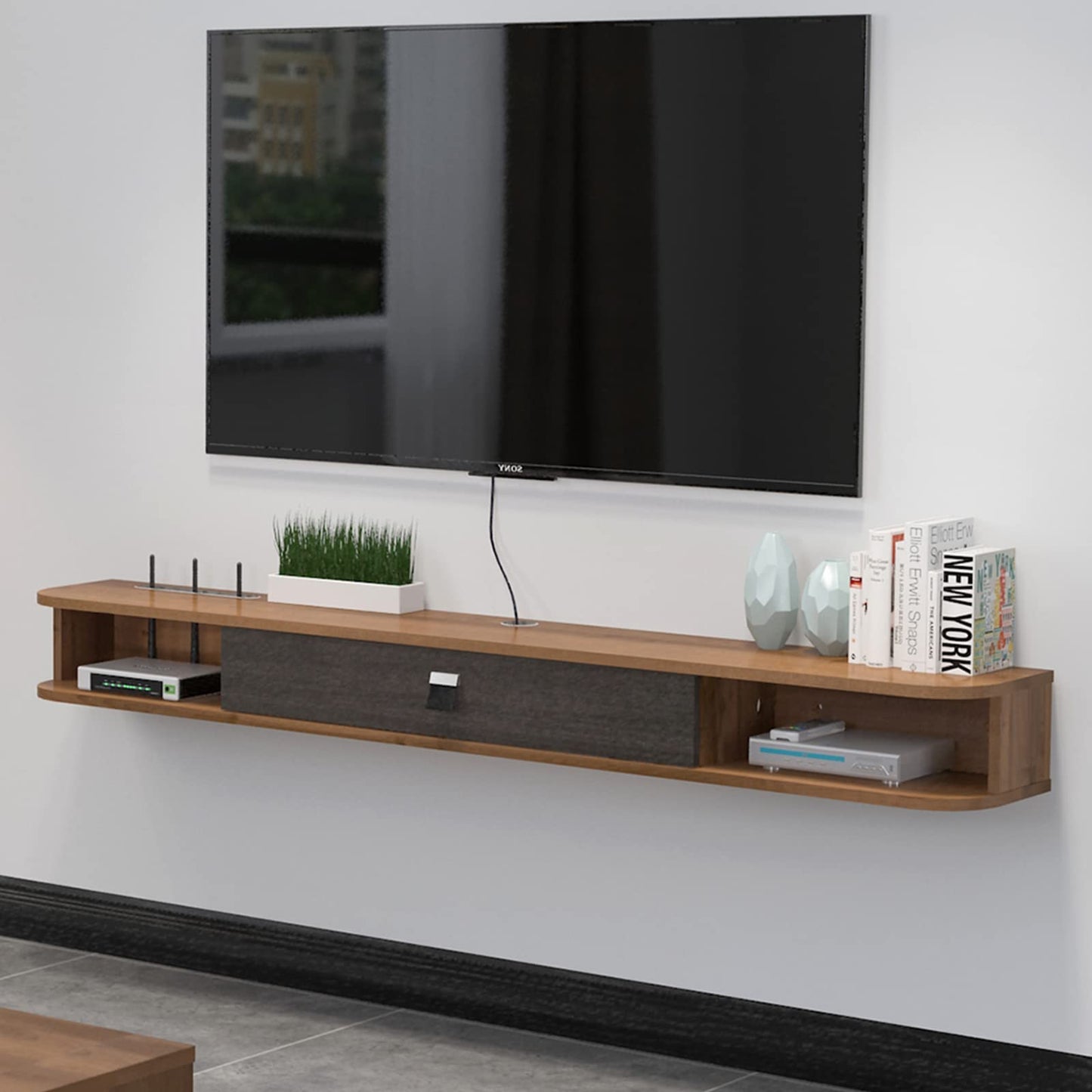 Pmnianhua Floating TV Unit, Wall Mounted TV Cabinet, Floating Shelves with Door, Modern Entertainment Media Console Center Large Storage TV Bench for