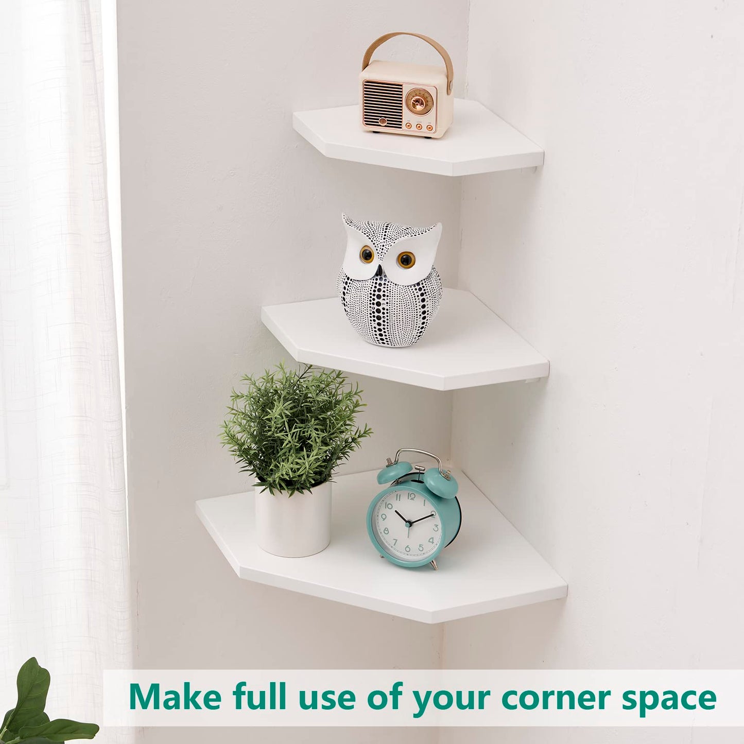 GIEANOO White corner shelf, Set of 2 Solid Oak Wood White Floating Corner Shelves Wall Mount Organizer with Wire Hole Small Plant Display for Kitchen