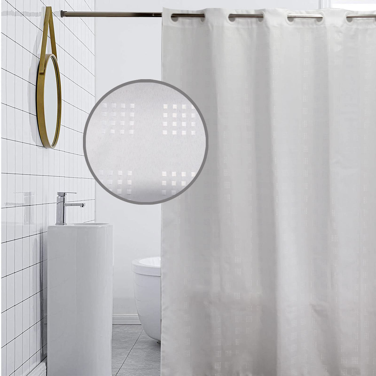 YISURE Extra Long No Hook Shower Curtain 180x220cm, White Textured Shower Curtain 220cm Drop, No Hooks 71"x87"