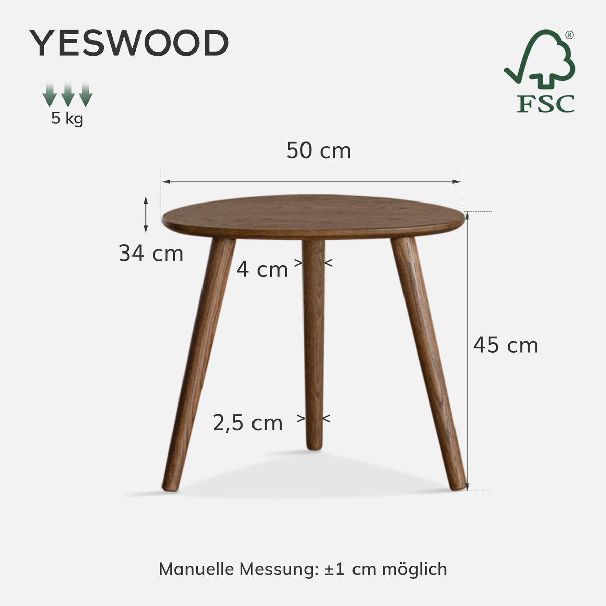 YESWOOD Round Side Table, Coffee Table with Solid Wood Legs, Sofa Table in Pebble Shape, Modern Side Table for Living Room, Balcony, Walnut