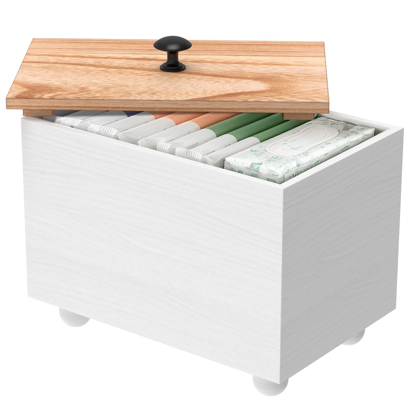 RHAIQBVC Tampon Holder for Bathroom, Versatile Tampon Storage Box with Lid &Top Handle ,Wood Feminine Product Organizer Pad Organizer Case with 4