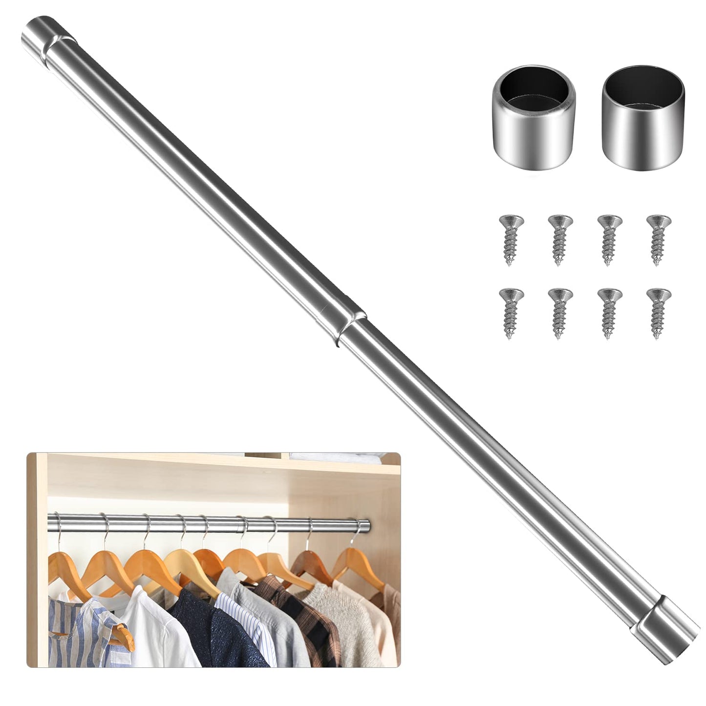WAENLIR 34cm-50cm Extendable Stainless Steel Wardrobe Rail, Adjustable Clothes Rail Pole With End Sockets