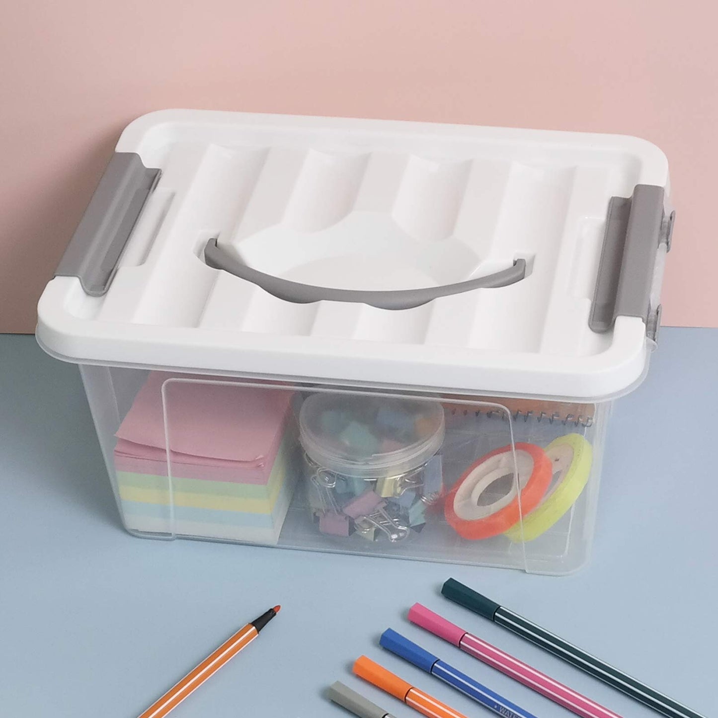 Hespama 5L Storage Boxes, Plastic Latching Box with Gray Handle, Pack of 6
