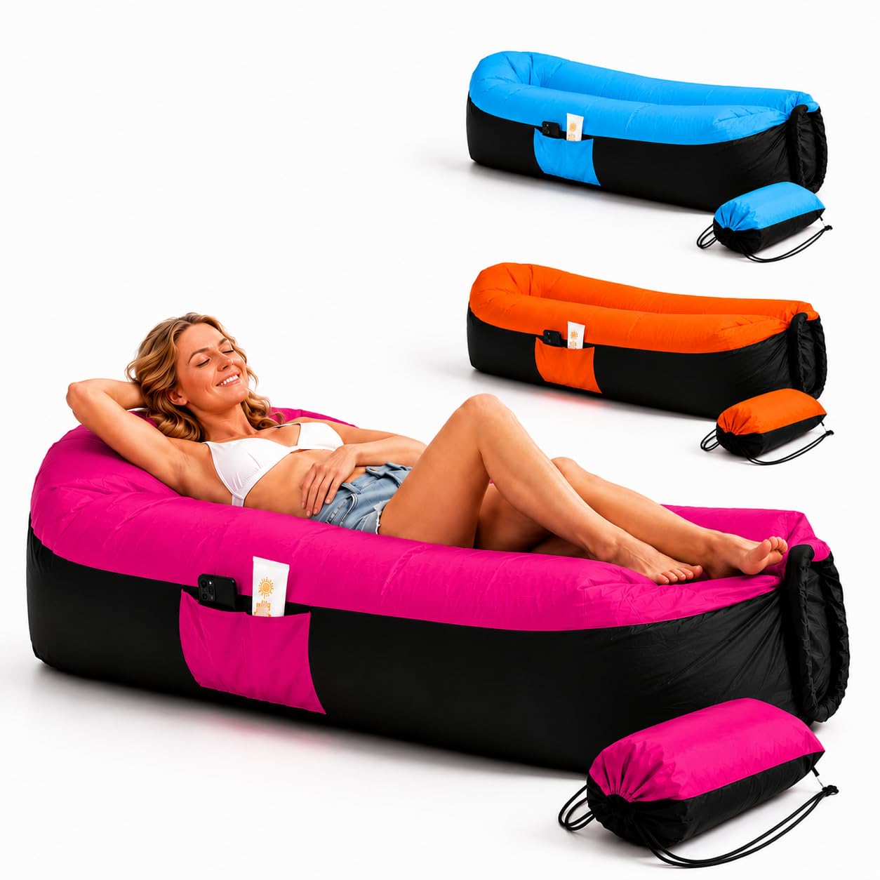 EastCity Inflatable Air Sofa with Headrest and Side Pocket, 230 x 70 cm Inflatable Sofa for Camping, Beach and Festival, Air Lounger with Carry Bag