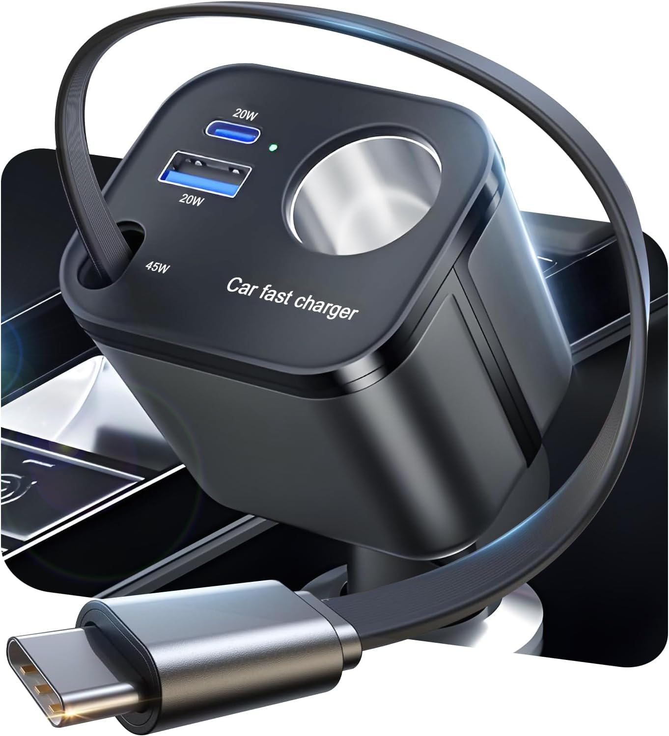 4 IN 1 Retractable Car Charger, [60% Smaller] 145W USB C Cigarette Lighter Adapter, Socket Splitter with Retractable Cable&USB-C/A Port, 12V/24V Fast