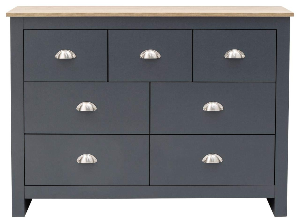 GFW Lancaster Slate Blue and Oak 7 Drawer Merchant Chest of Drawers, Country Style Bedroom Storage Unit with Oak Effect Top
