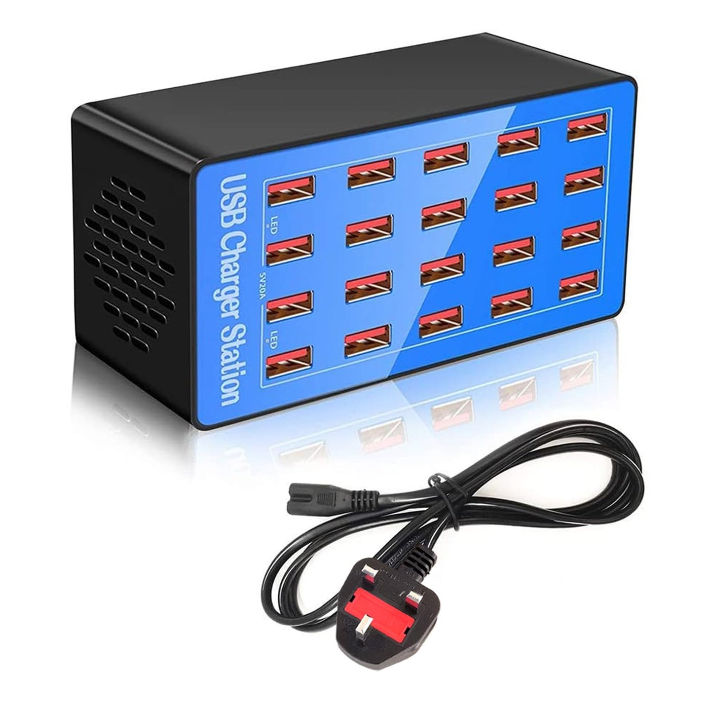 Balabaxer Blue USB Charger Station, 20-port 100W/20A multi-device USB charging station, is a versatile multi-port charger designed for smartphones,