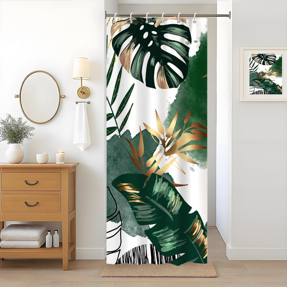 Green Gold Stall Shower Curtain, Uiiooazy Abstract Palm Leaves Boho Monstera Tropical Plante Bath Curtain Anti Mildew Waterproof Polyester Fabric