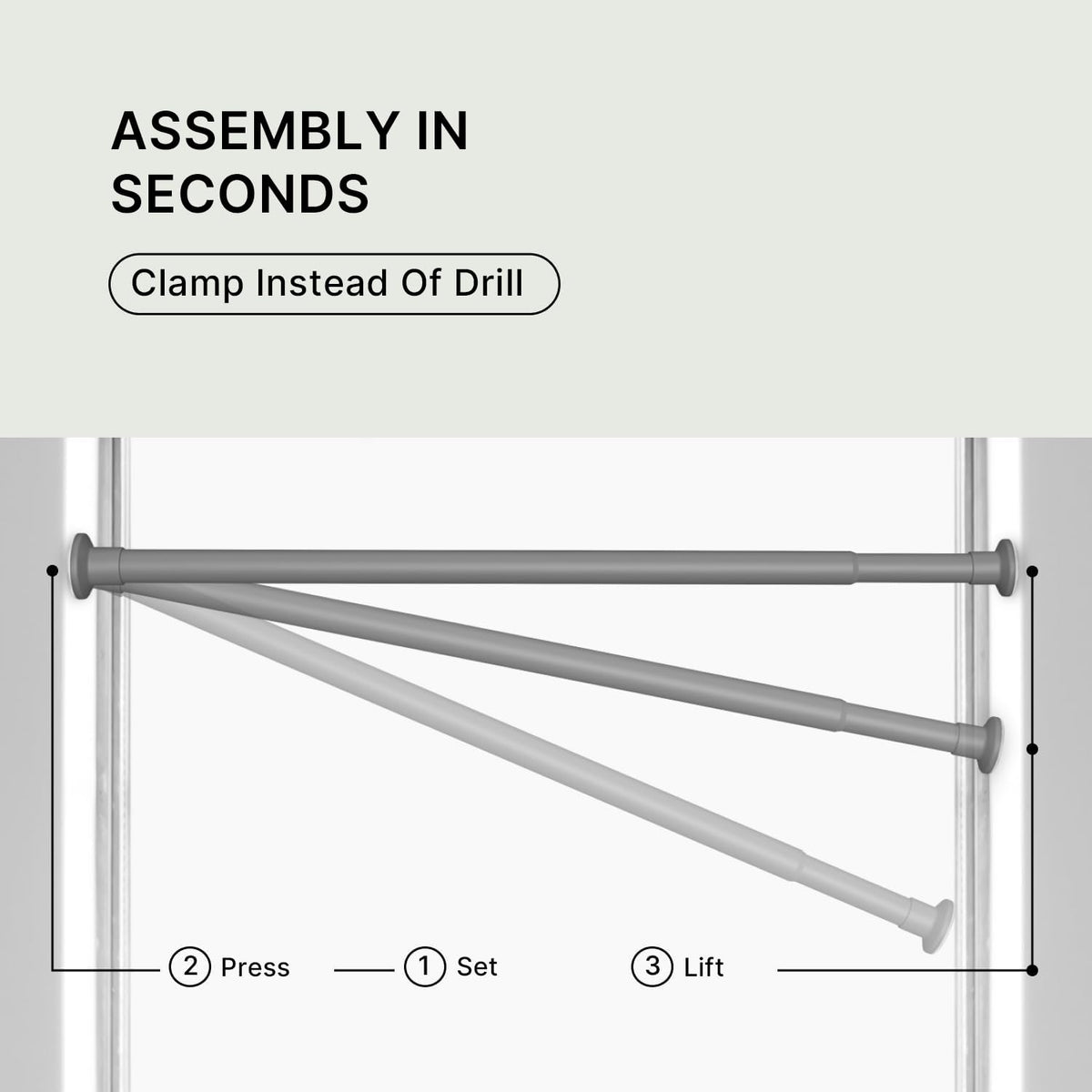 MEISENBERG Shower Curtain Pole Gray, Extendable Curtain Poles 90-160 cm - Ø 25 mm Diameter, Shower Rail Extendable No Drill - for Bathroom