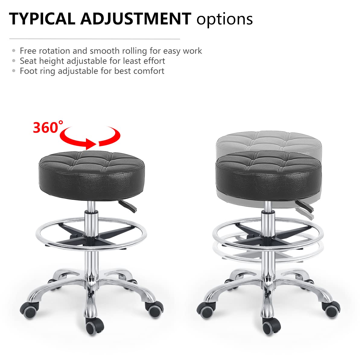 Grace&Grace Adjustable Rolling Stool Chair with Wheels for Massage Beauty Salon Shop Home Kitchen,Heavy Duty Rolling Swivel Stool