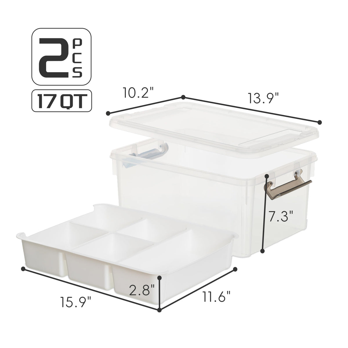 Citylife 2 Packs 16L Plastic Storage Boxes with Removable Tray Clear Plastic Box large Storage Box with Lid Stackable Storage Boxes for Organizing