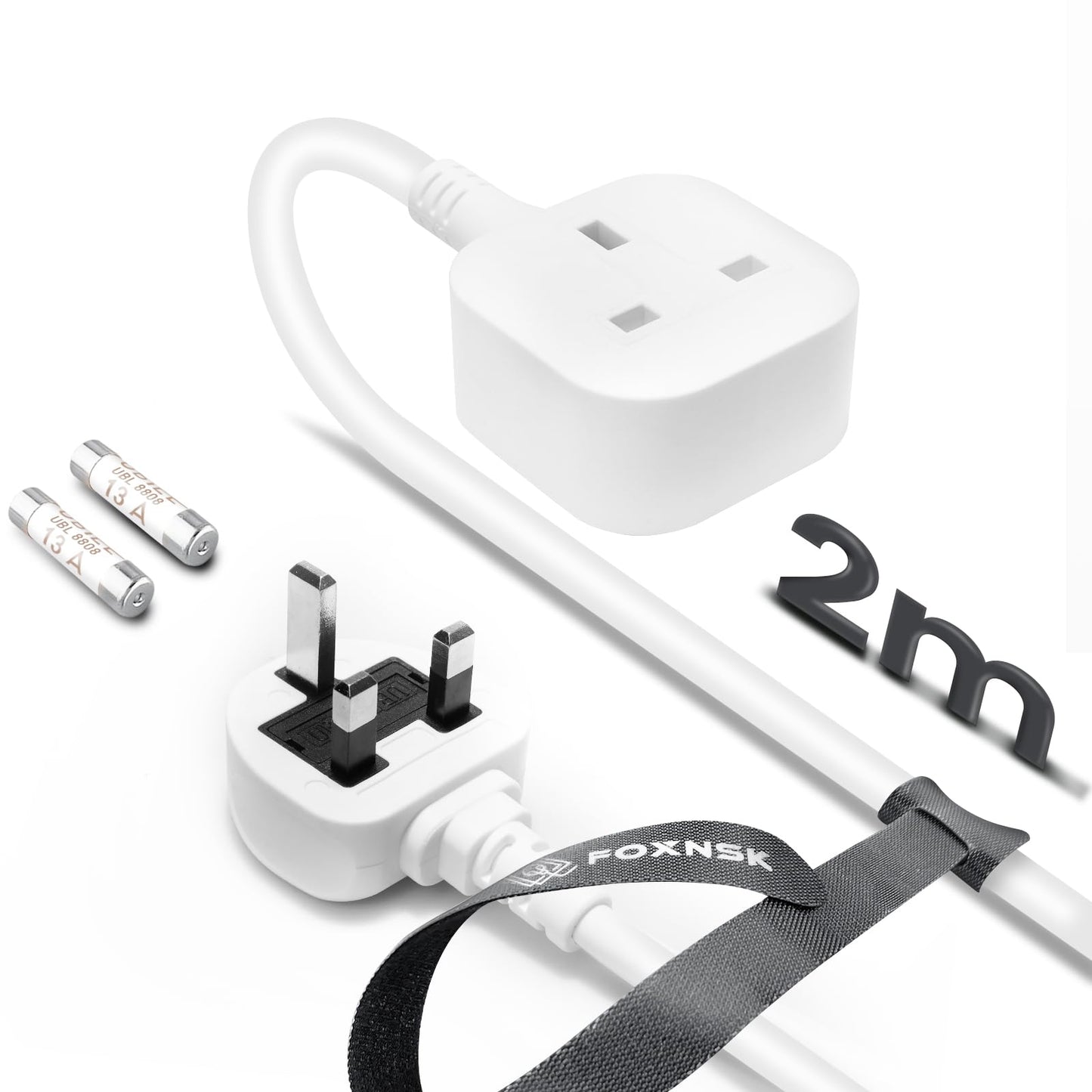 Single Plug Extension Lead 2m, 1 Gang Single Socket Extension Lead Surge Protected, 13amp 250V 3kw UK 3 Pin Fused Mains for Tumble Dryer, Rubber,