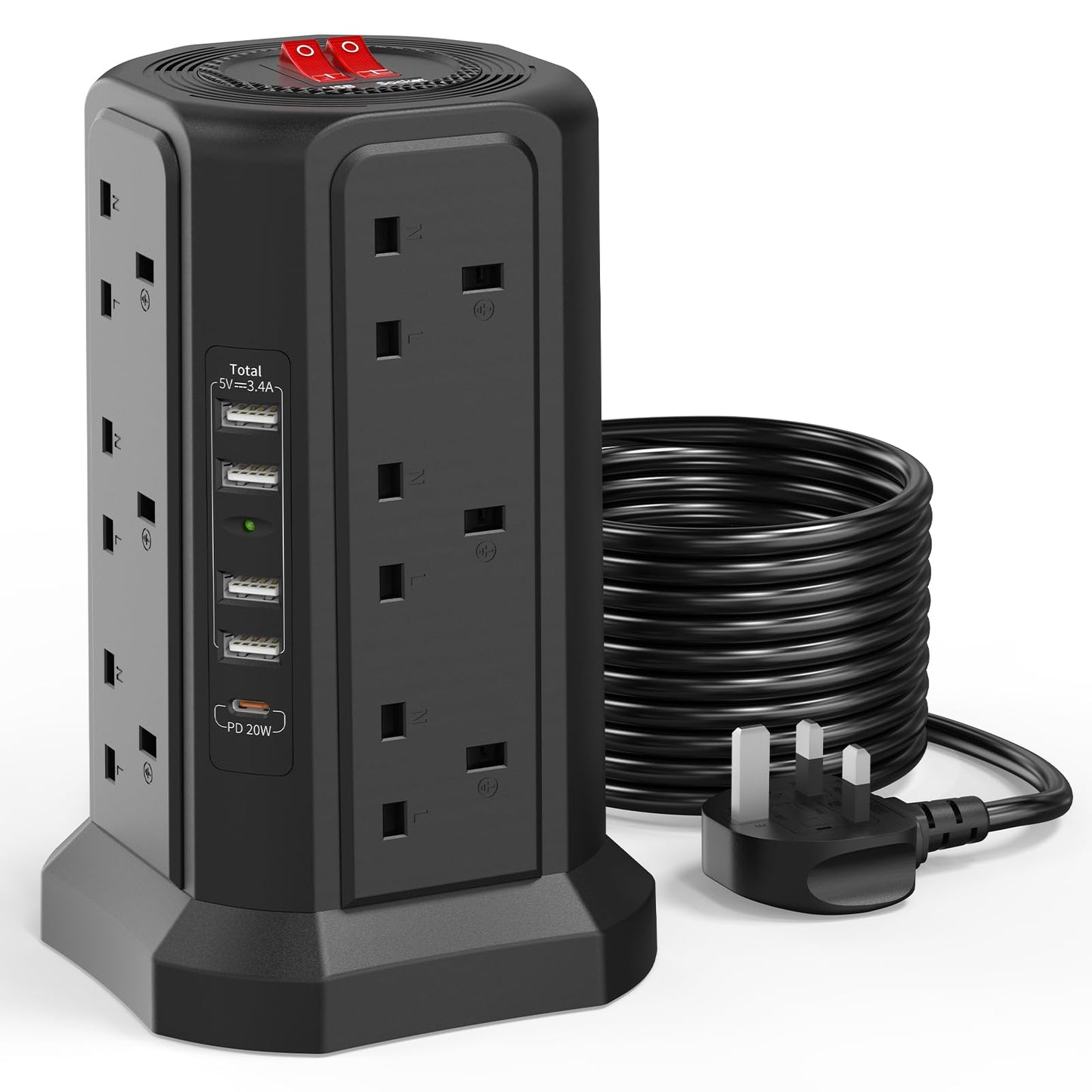 Tower Extension Lead 5M with USB Slots and PD 20W USB C Fast Charger, (13A 3250W) 5 USB Ports and 12 Way Surge Protection Extension Tower, Black