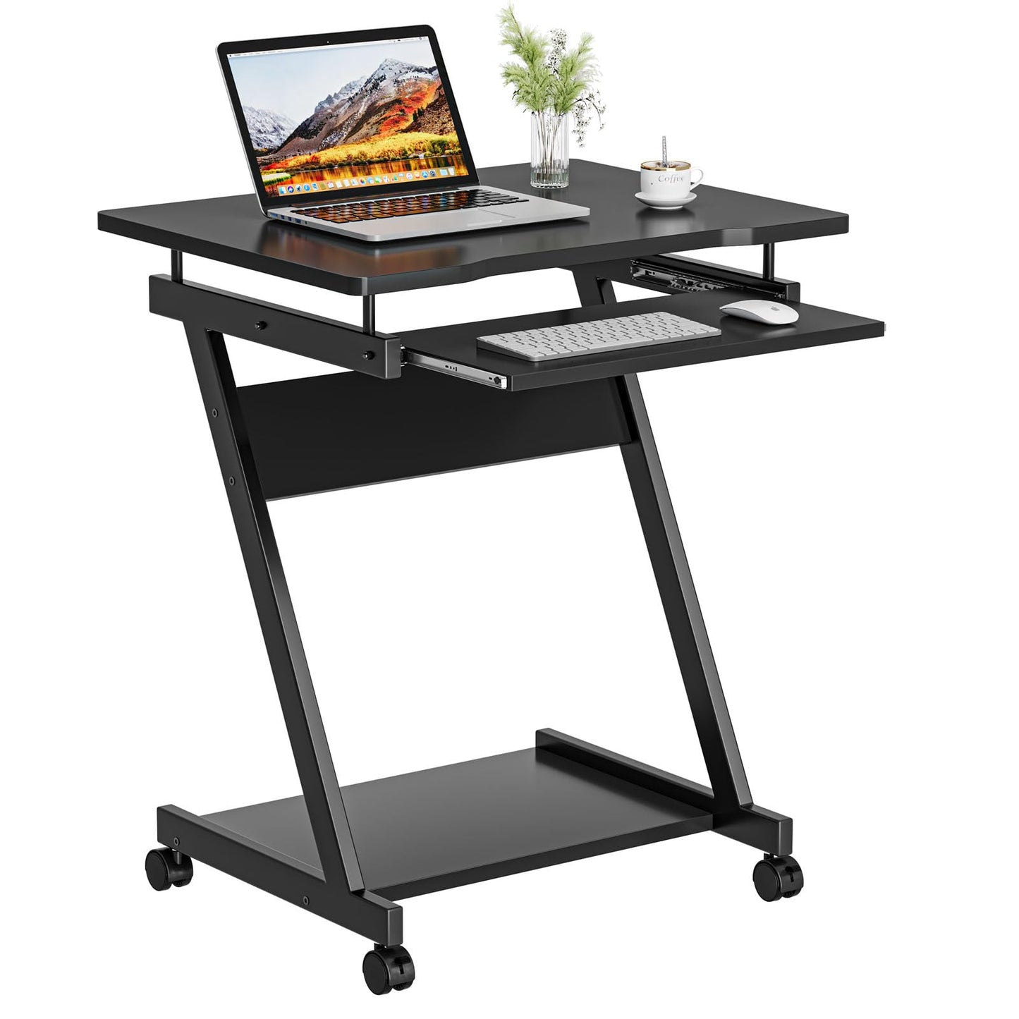 Dripex Mobile Computer Desk Z-Shaped with Sliding Keyboard Wood PC Table Laptop Desk Furniture Study Workstation for Home Office, Black