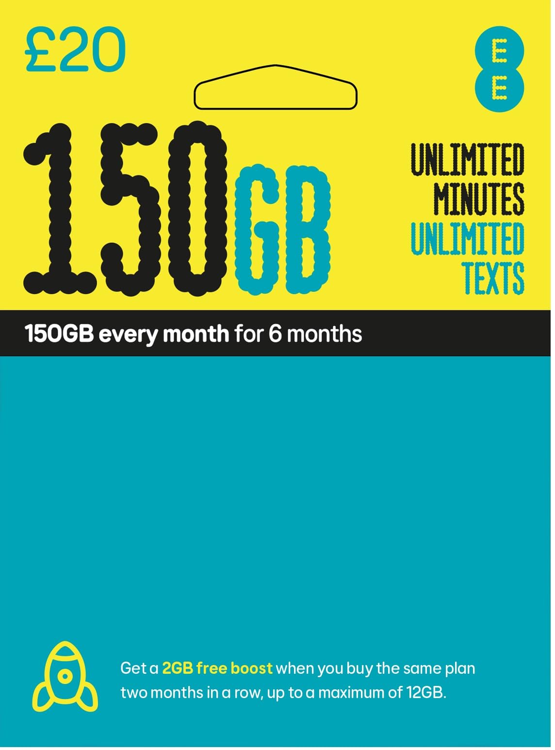 EE 150GB Data Sim includes ?20 pre-paid credit, 150GB Data, Unlimited Minutes & Unlimited Texts