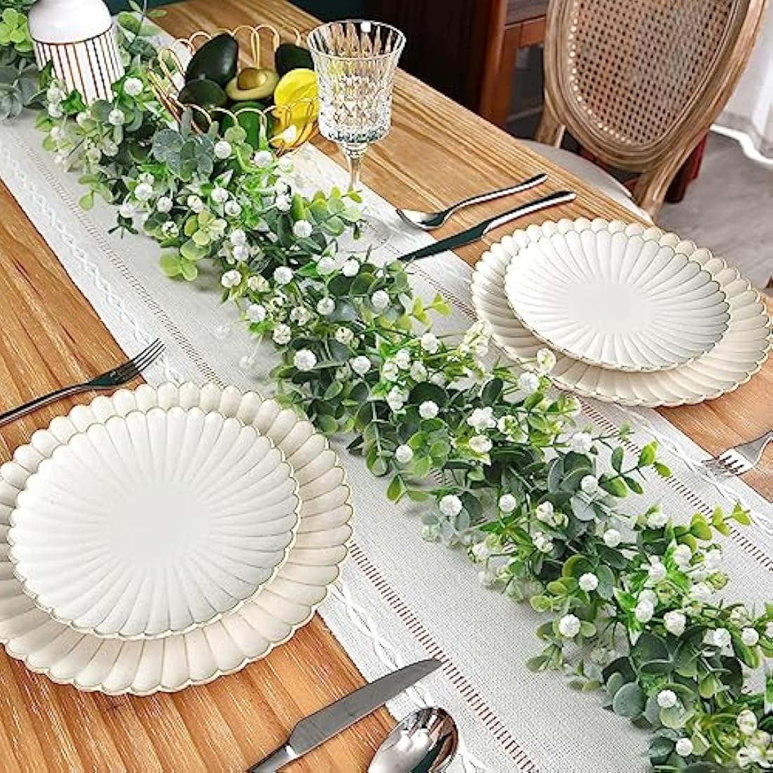 LOMOHOO 2PCS 12FT Artificial Eucalyptus Garland With White Flowers, Fake Leaves Green Garland Artificial Foliage Garland, Greenery Garlands for Home Decoration Wedding Backdrop Table Arch Wall Decor