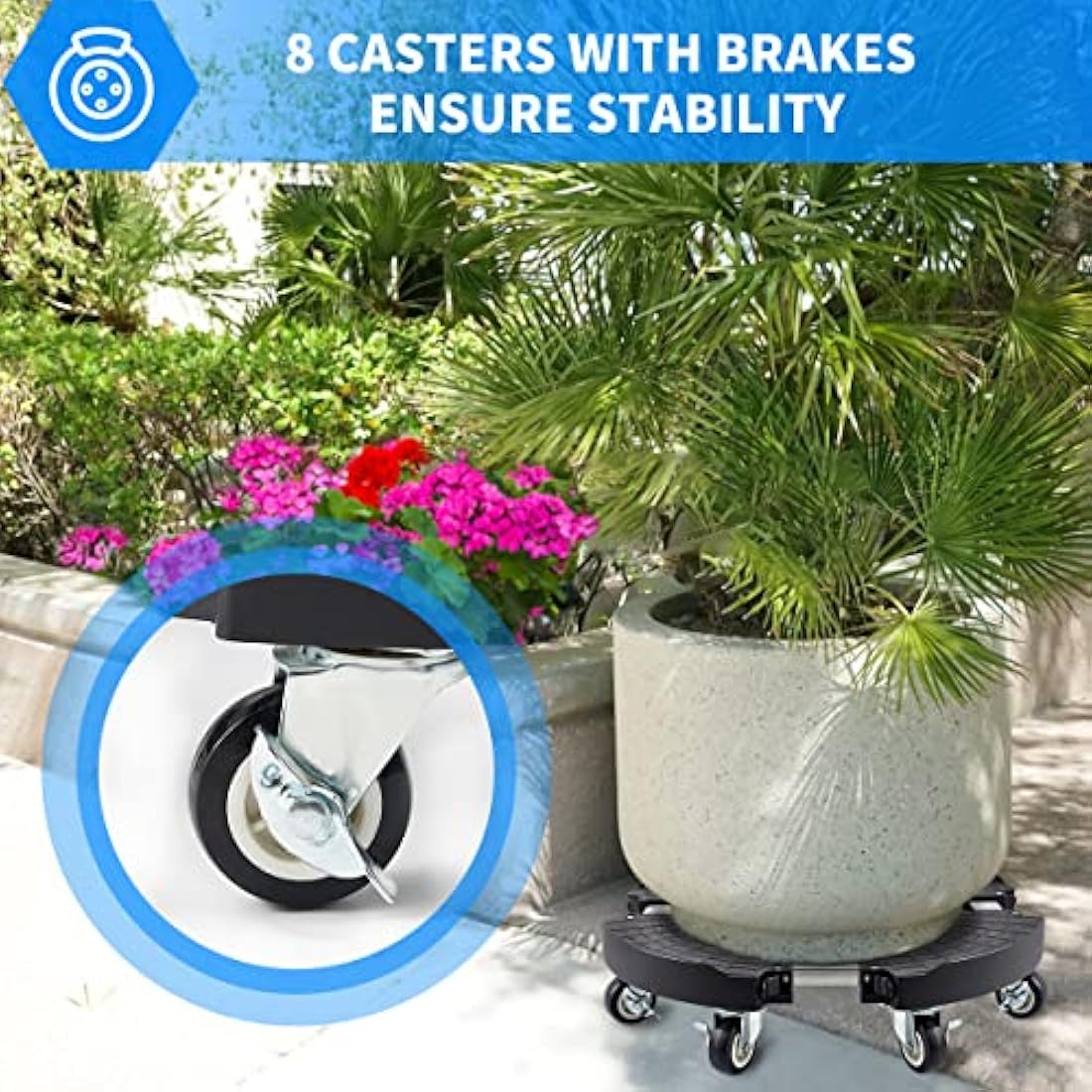TreeGun Plant Caddy with Wheels with 8 Lockable Casters, Rolling Plant Stand Adjustable 38-58CM, Plant Stand with Wheels 200KG Capacity for Outdoor Indoor Large Plant/Flower Pot